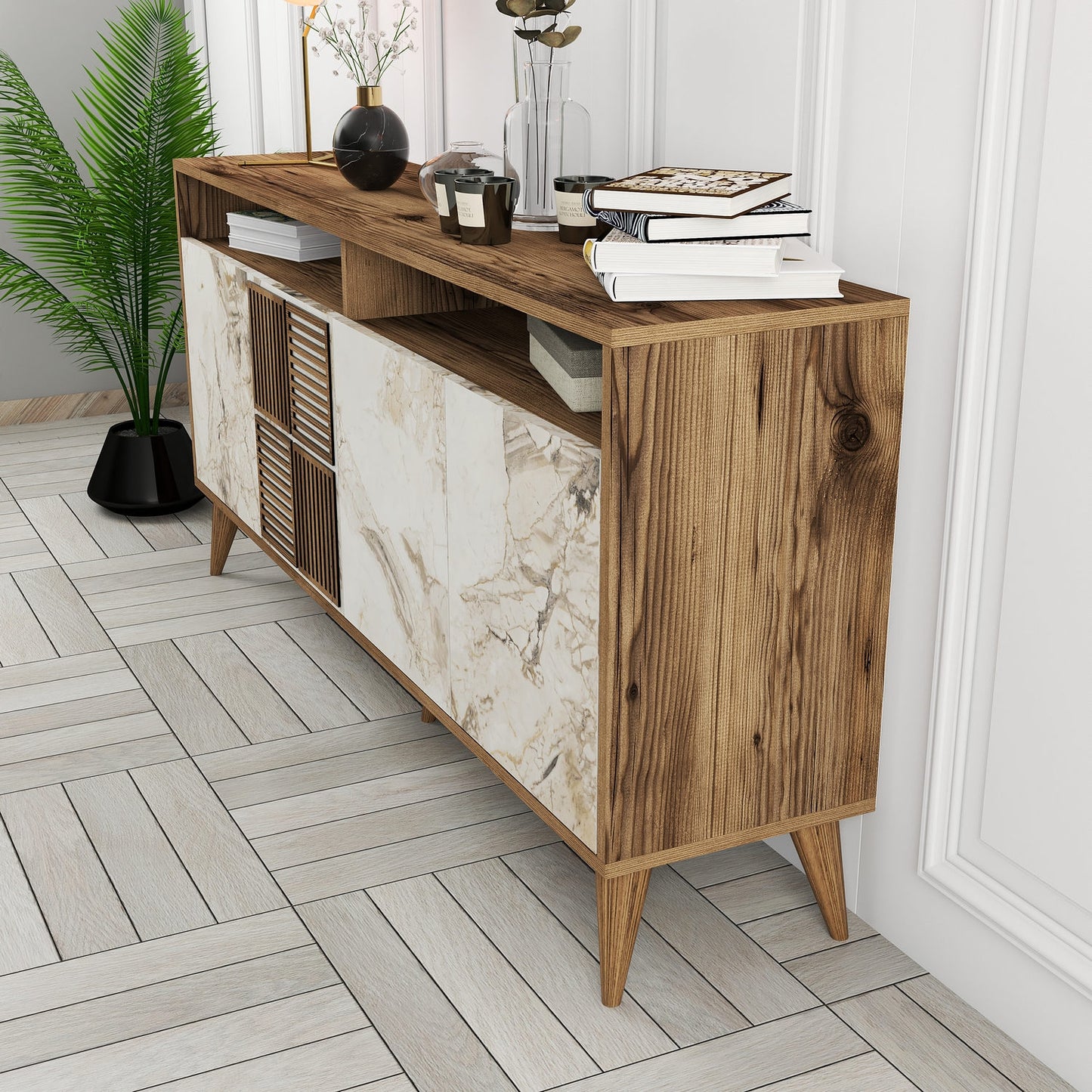Konzola, Milan 160 - Walnut, White Marble