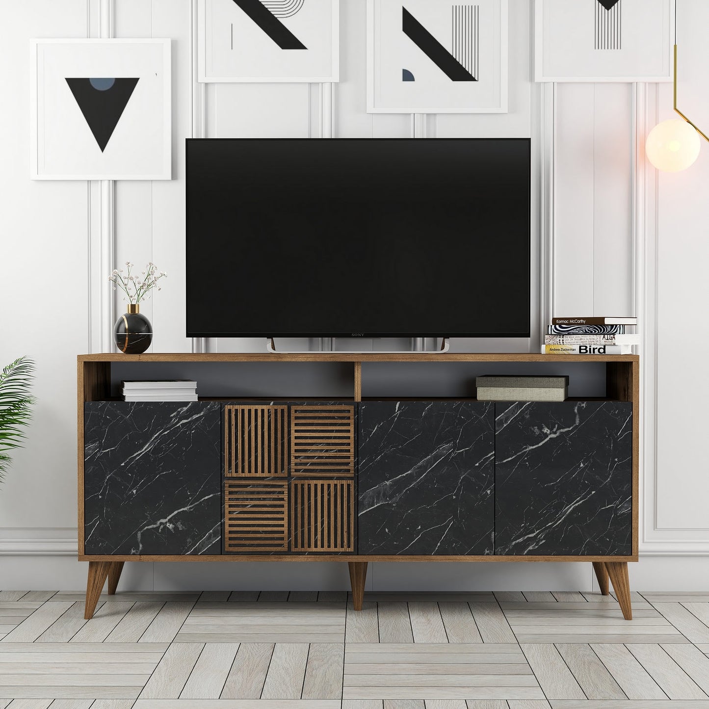 Konzola, Milan 160 - Walnut, Black Marble