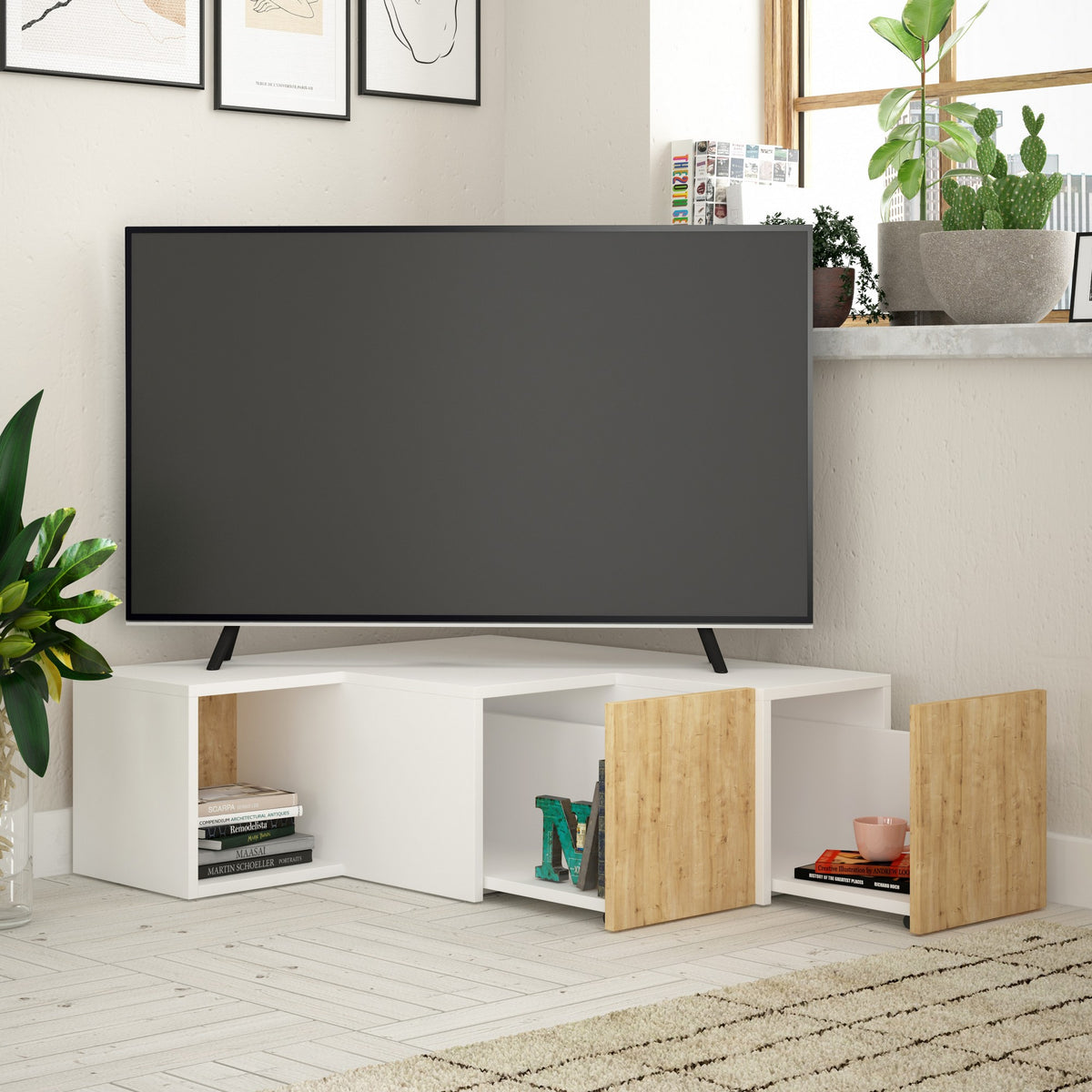 TV stalak, bijela boja hrast, Compact - bijela, hrast