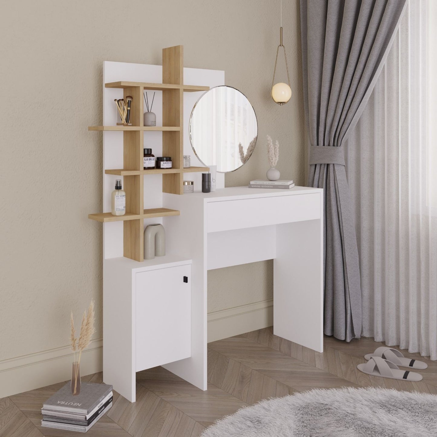 Stol za šminkanje, Bijela boja hrast, Mup - White, Oak