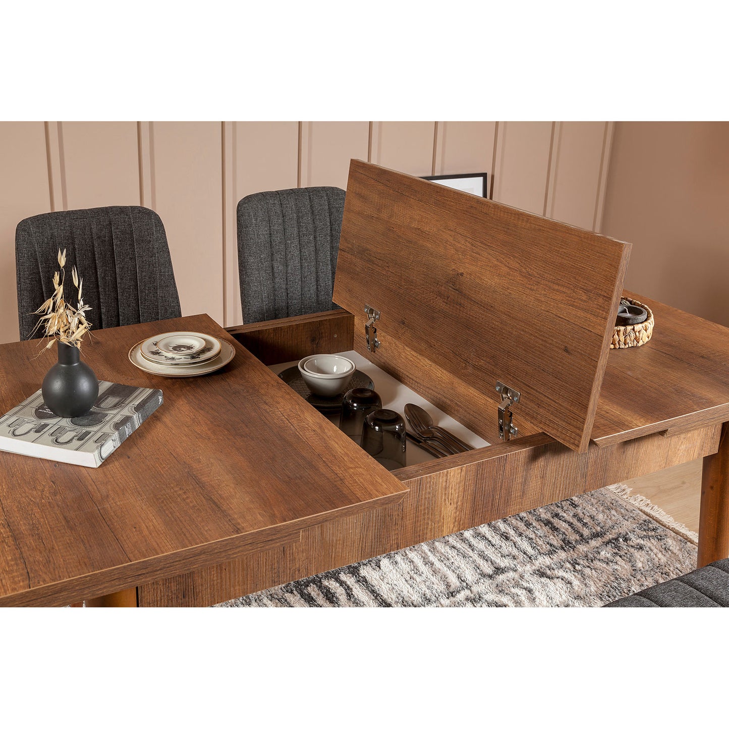 Komplet za blagovaonicu, stol, stolice i klupe, Vina 1053 - Anthracite, Walnut