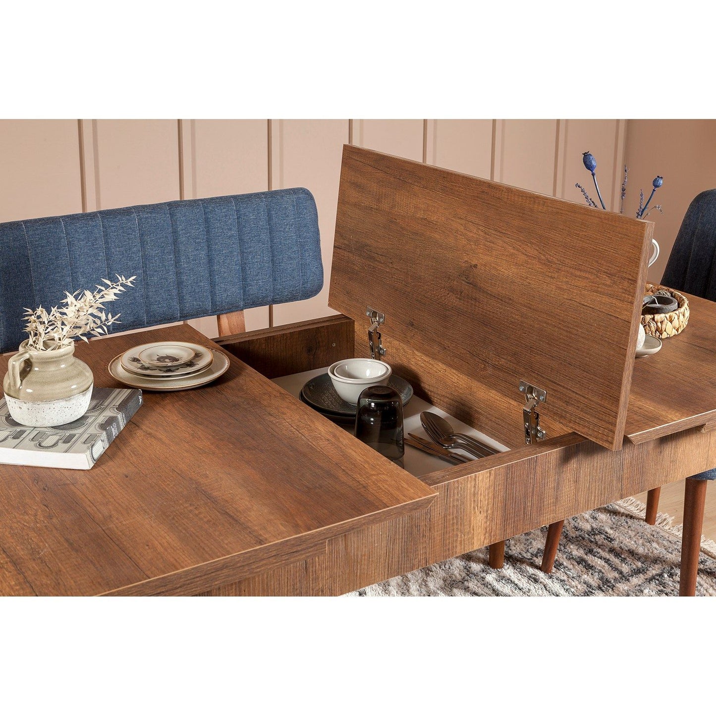 Set stola i stolica (4 komada), Vina 1048 - 3 - Walnut, Dark Blue