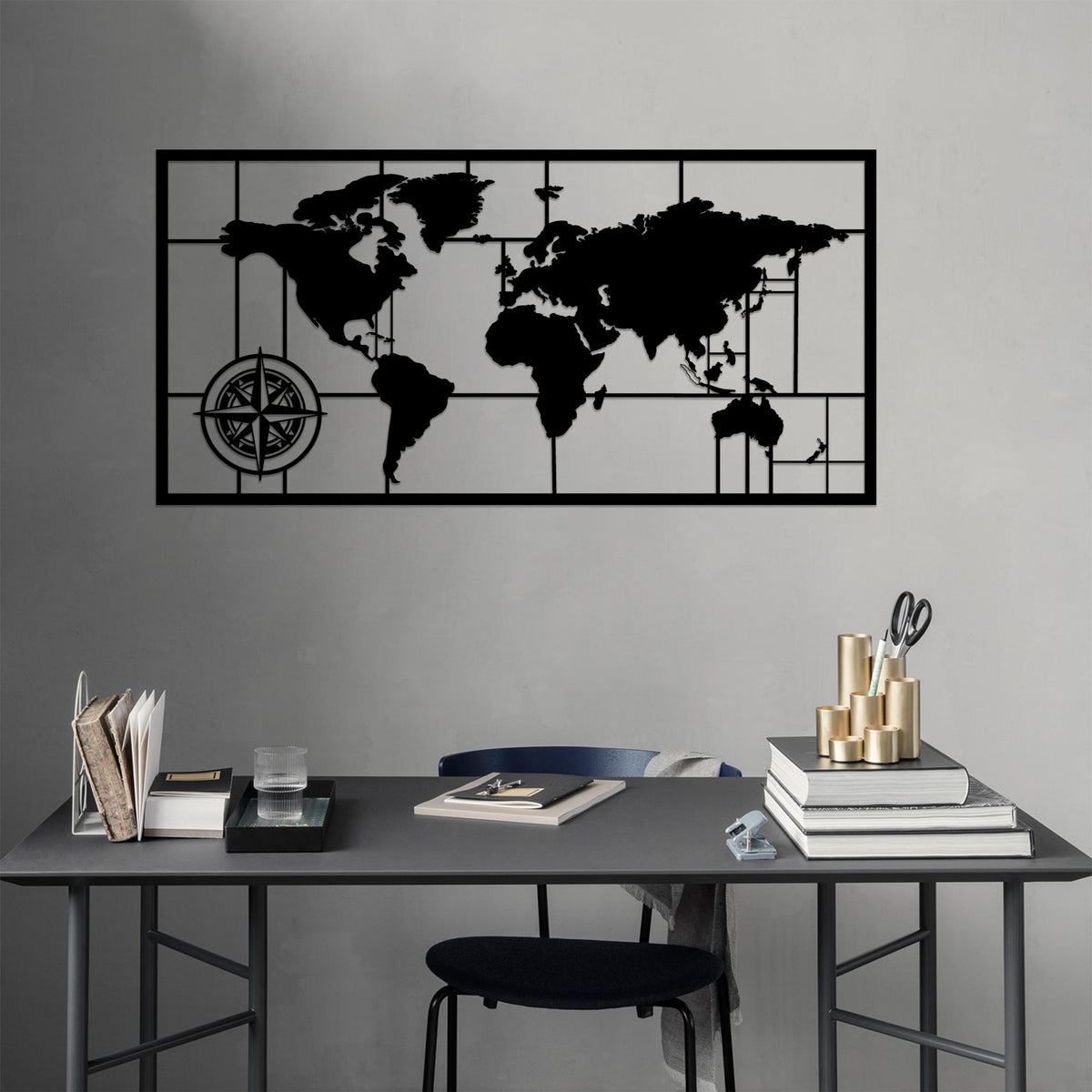 Metalna zidna dekoracija, World Map Metal Decor 7 - Crna