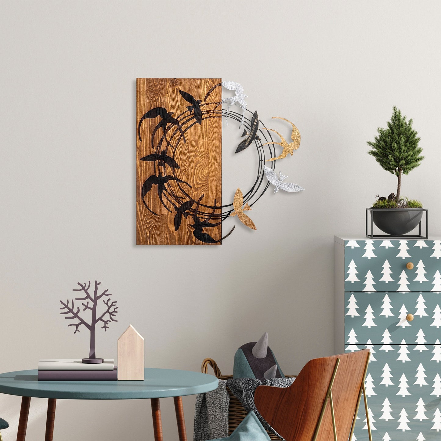 Drvena zidna dekoracija, Spiral Birds 2