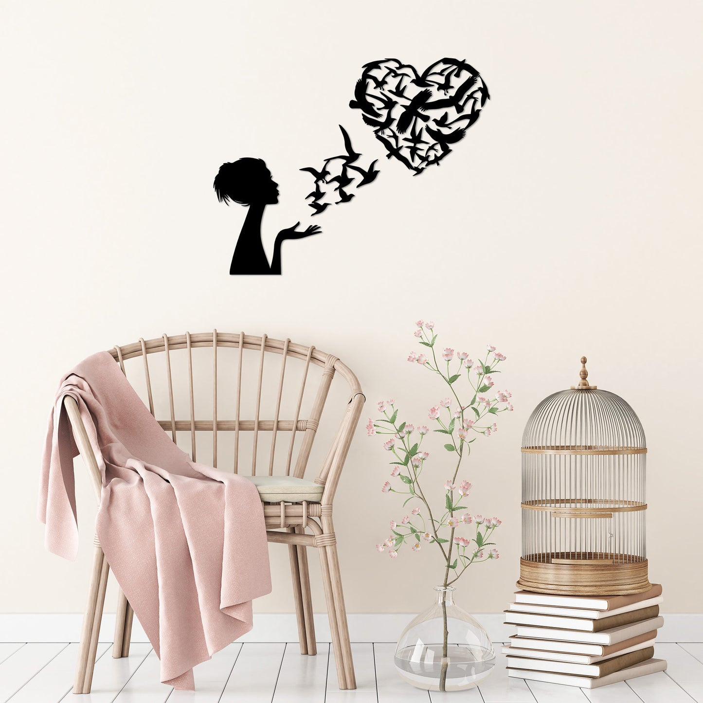 Metalna zidna dekoracija, Birds Woman Heart - 465