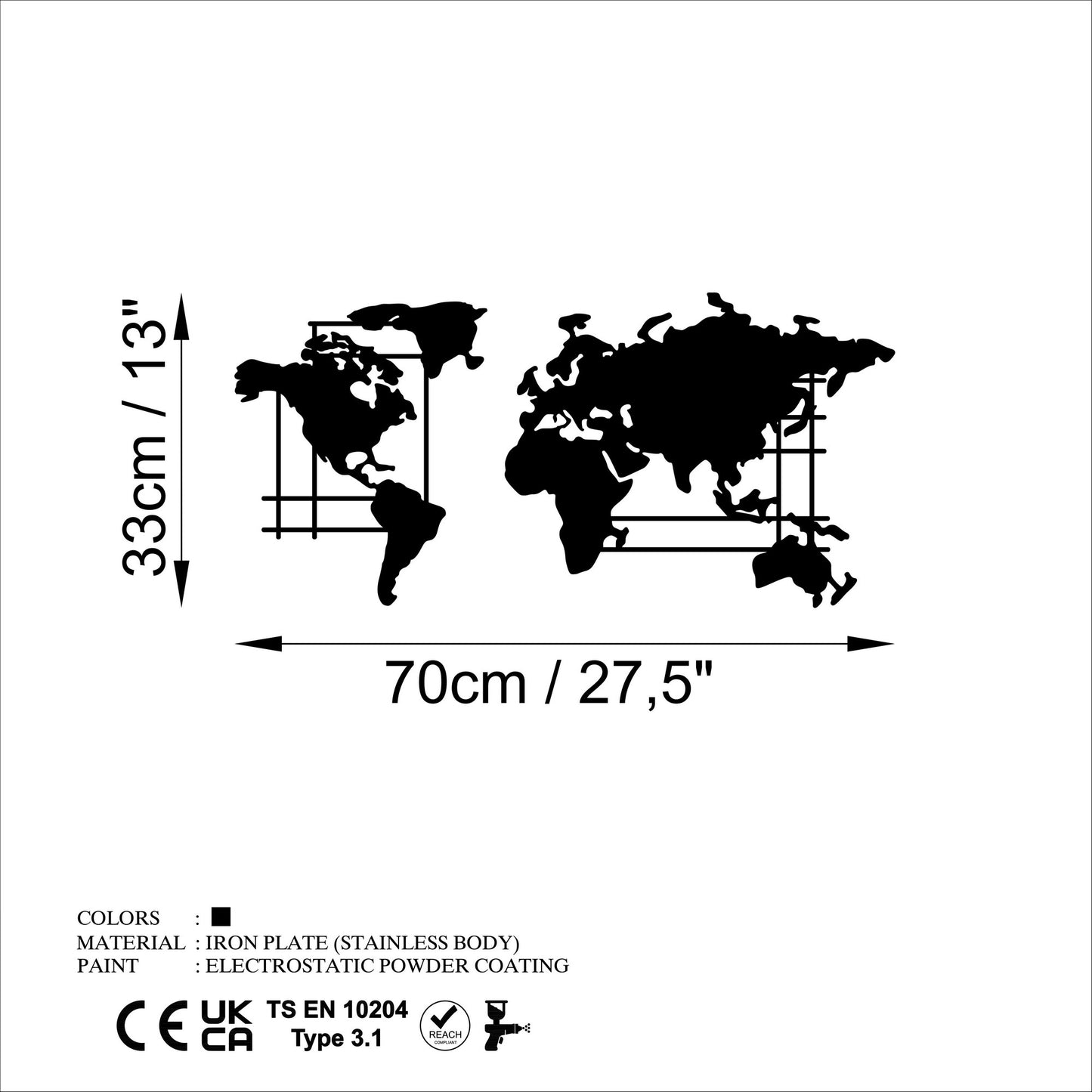 Metalna zidna dekoracija, World Map - M