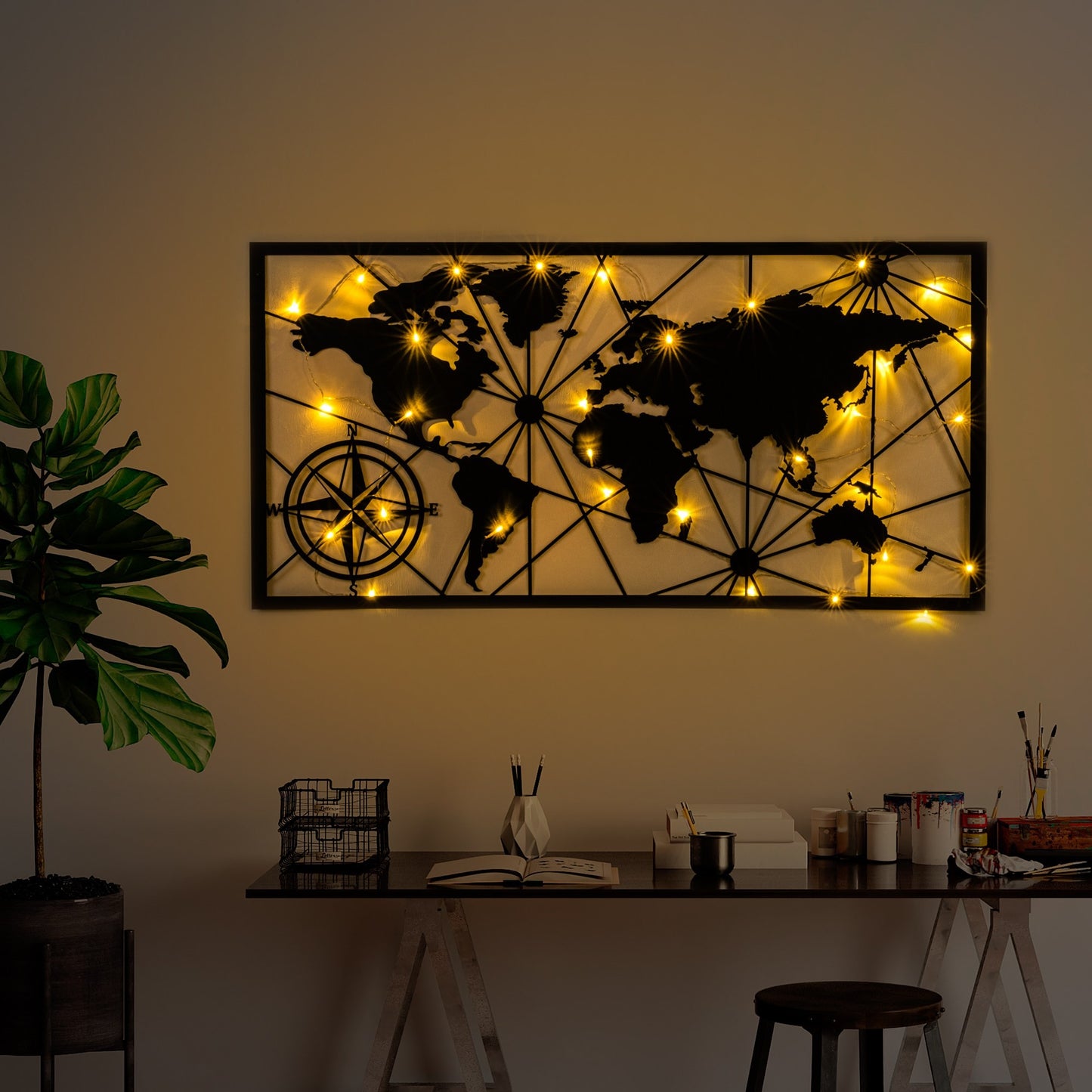 Metalna zidna dekoracija World Map Led 452