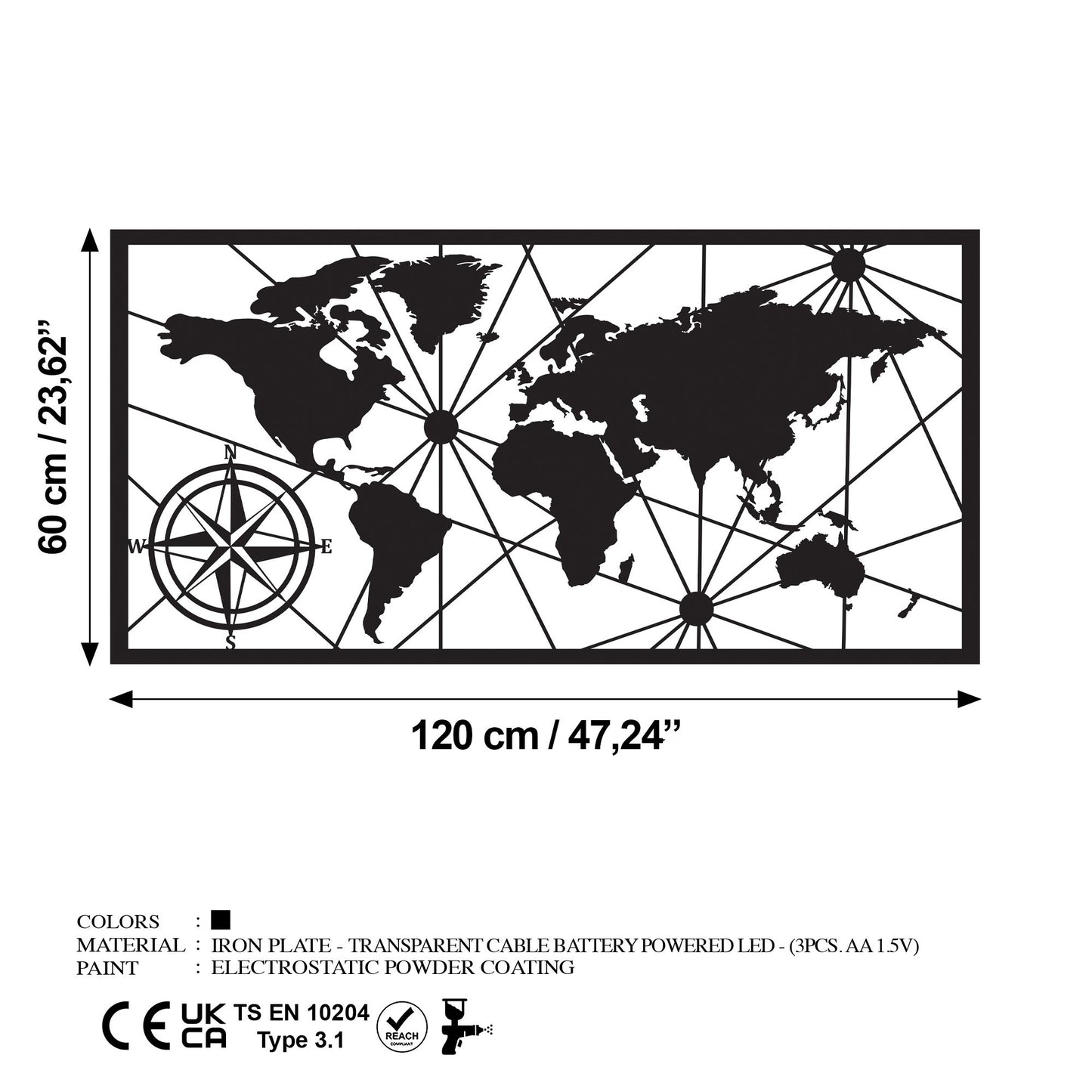 Metalna zidna dekoracija World Map Led 452
