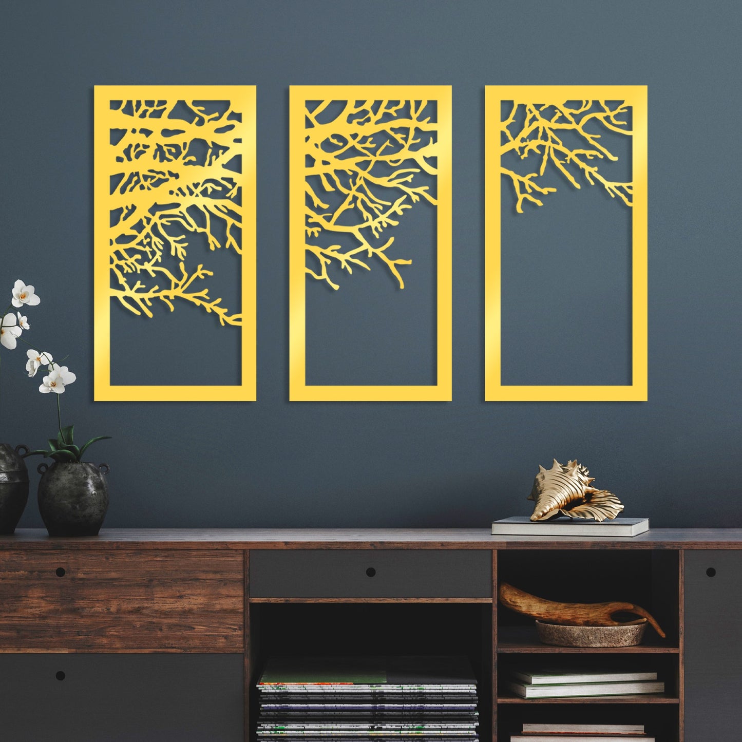 Metalna zidna dekoracija Golden Triple Tree 1
