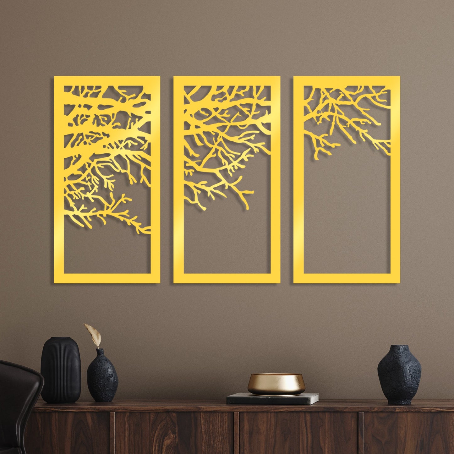 Metalna zidna dekoracija Golden Triple Tree 1