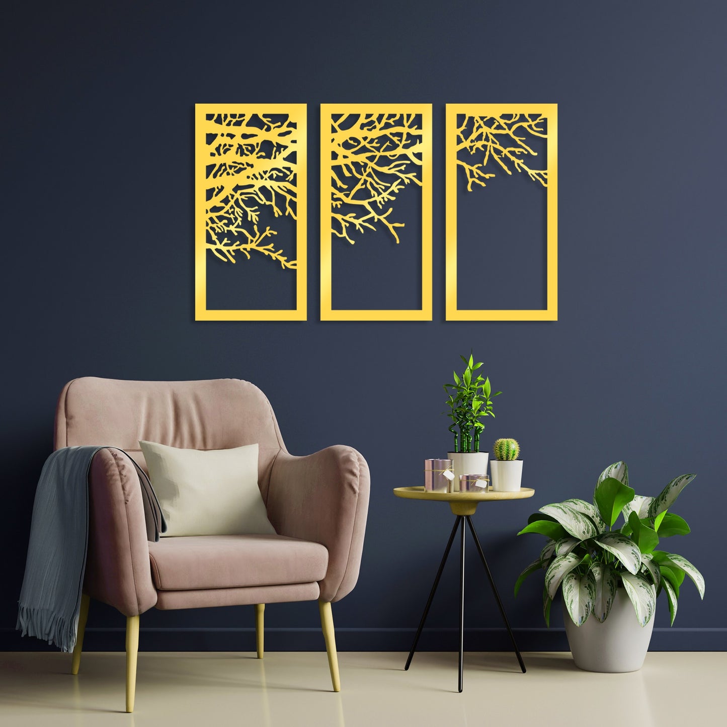Metalna zidna dekoracija Golden Triple Tree 1