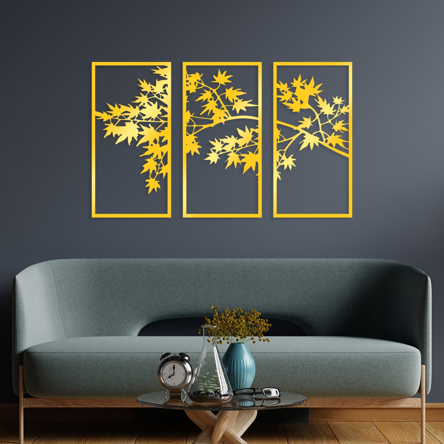 Metalna zidna dekoracija Golden Triple Tree 3