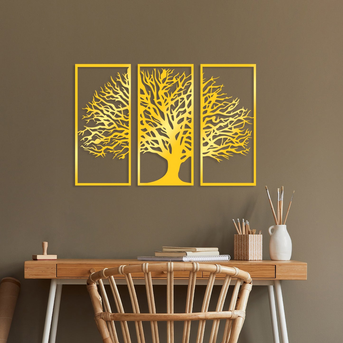 Metalna zidna dekoracija Golden Triple Tree 4