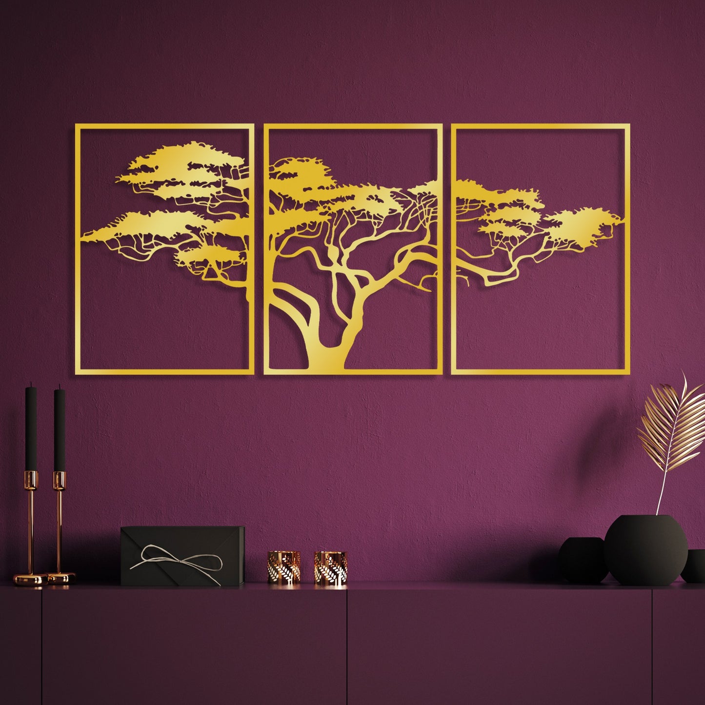 Metalna zidna dekoracija Golden Triple Tree 6