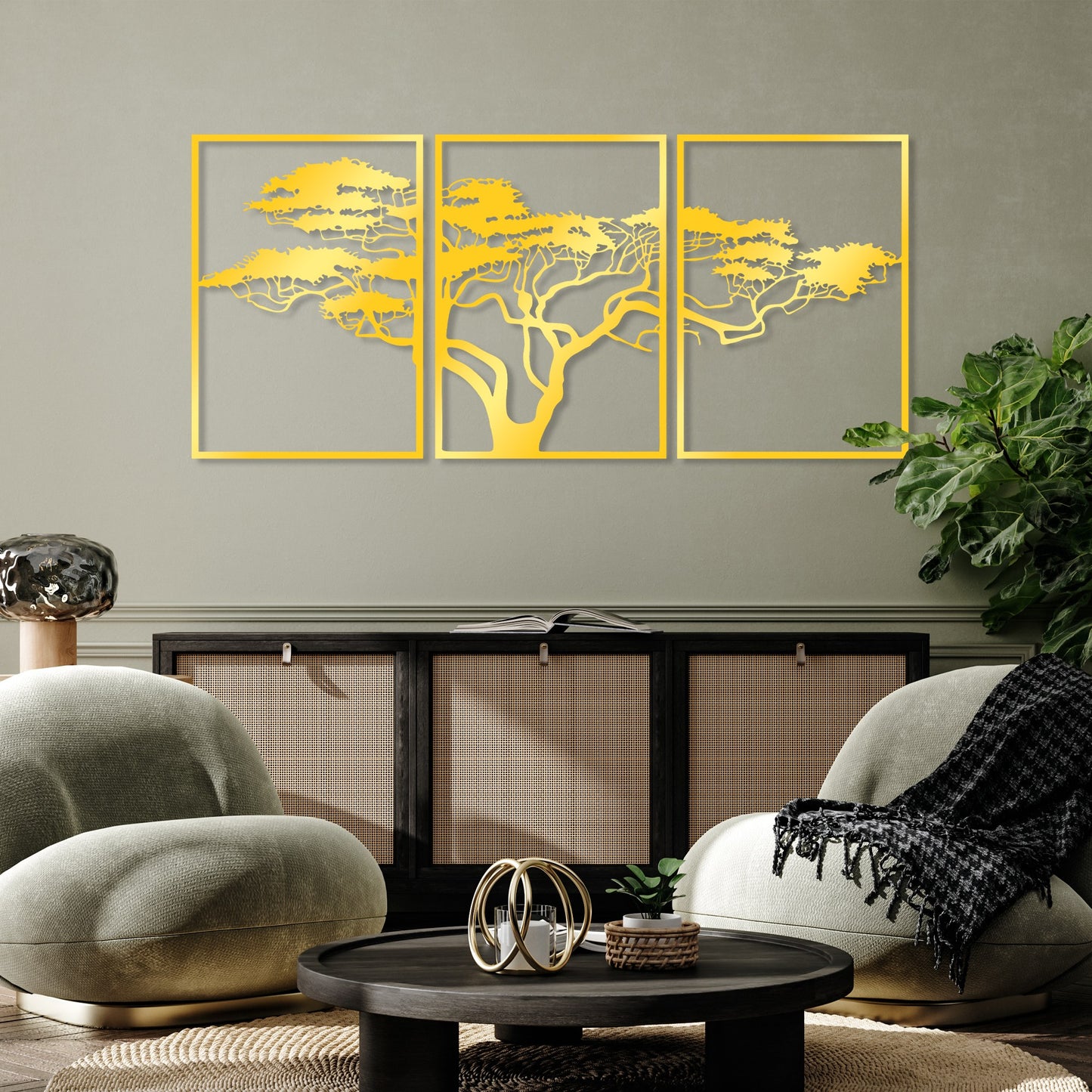 Metalna zidna dekoracija Golden Triple Tree 6