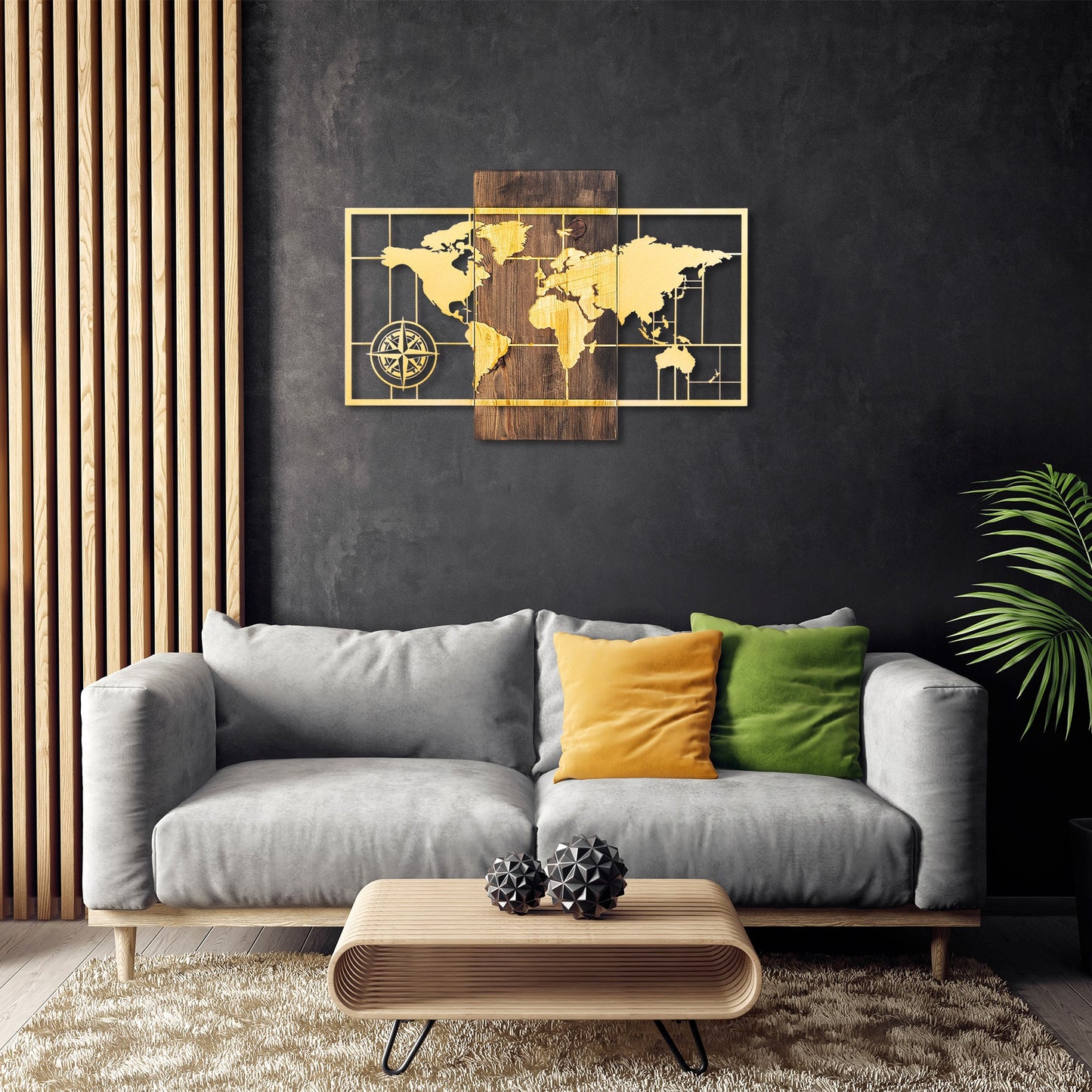 Drvena zidna dekoracija, World Map Wıth Compass - Gold