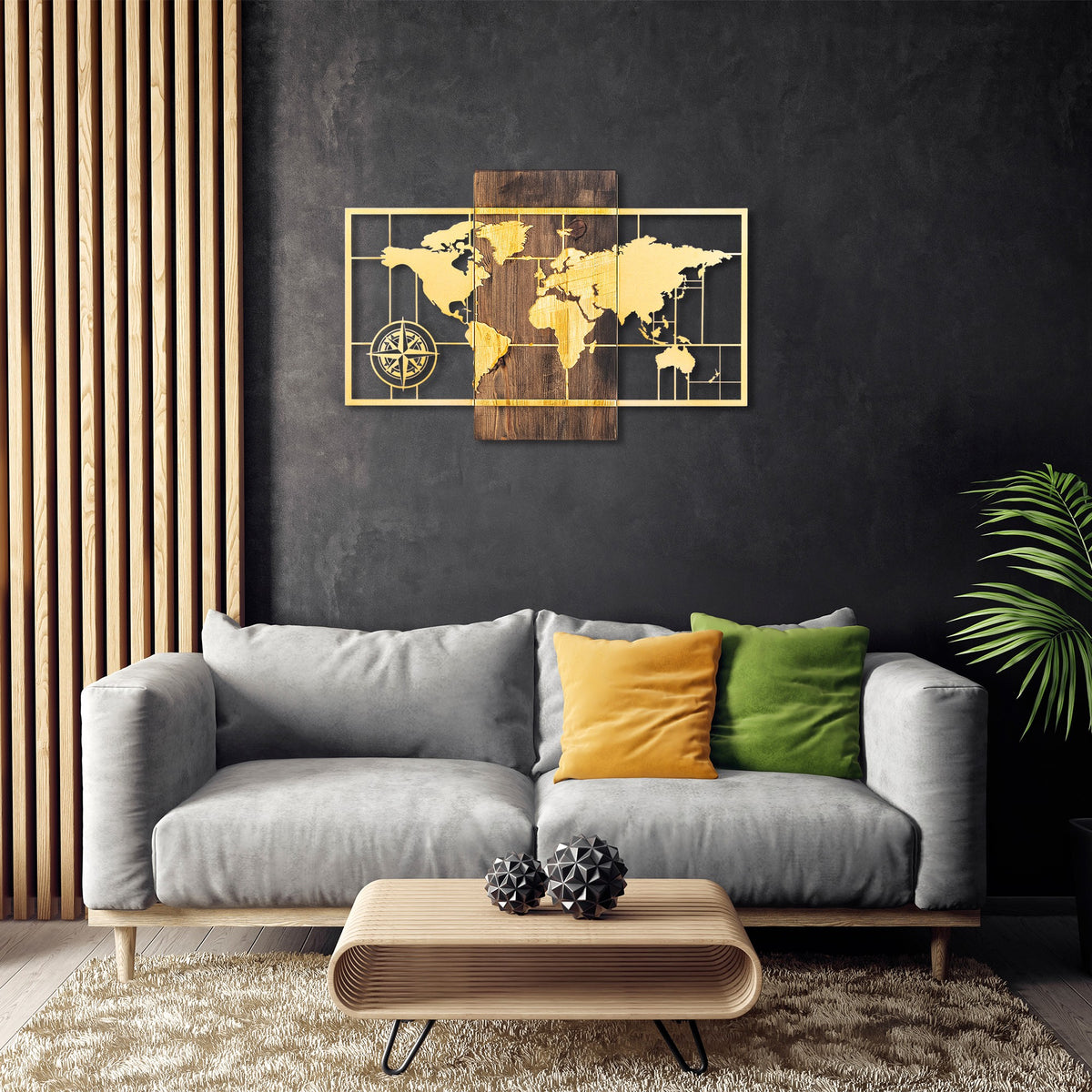 Drvena zidna dekoracija, World Map Wıth Compass - Gold