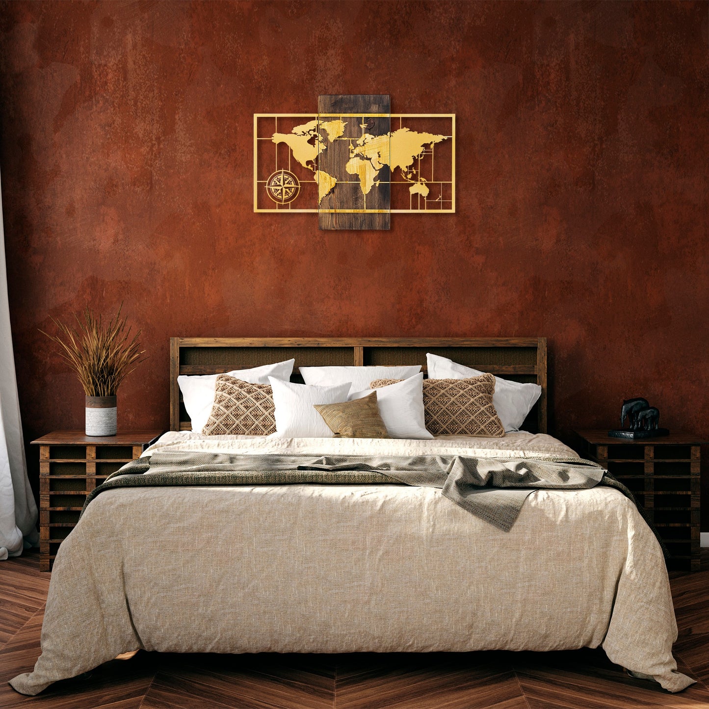 Drvena zidna dekoracija, World Map Wıth Compass - Gold