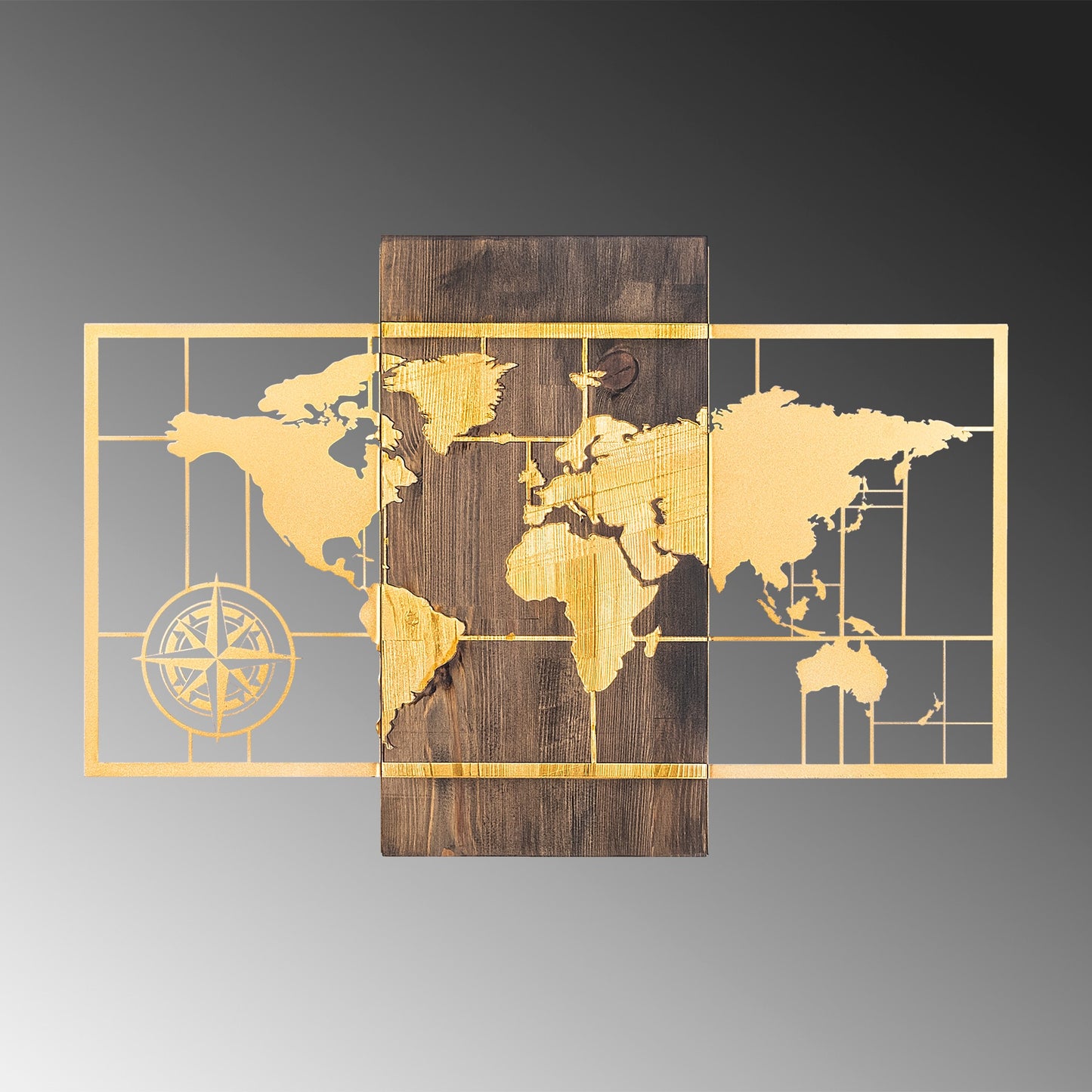 Drvena zidna dekoracija, World Map Wıth Compass - Gold