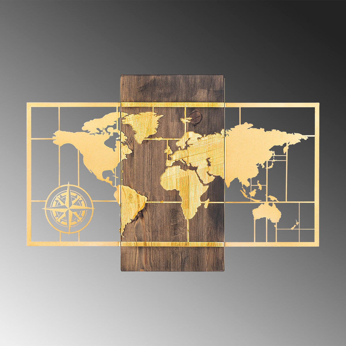 Drvena zidna dekoracija, World Map Wıth Compass - Gold
