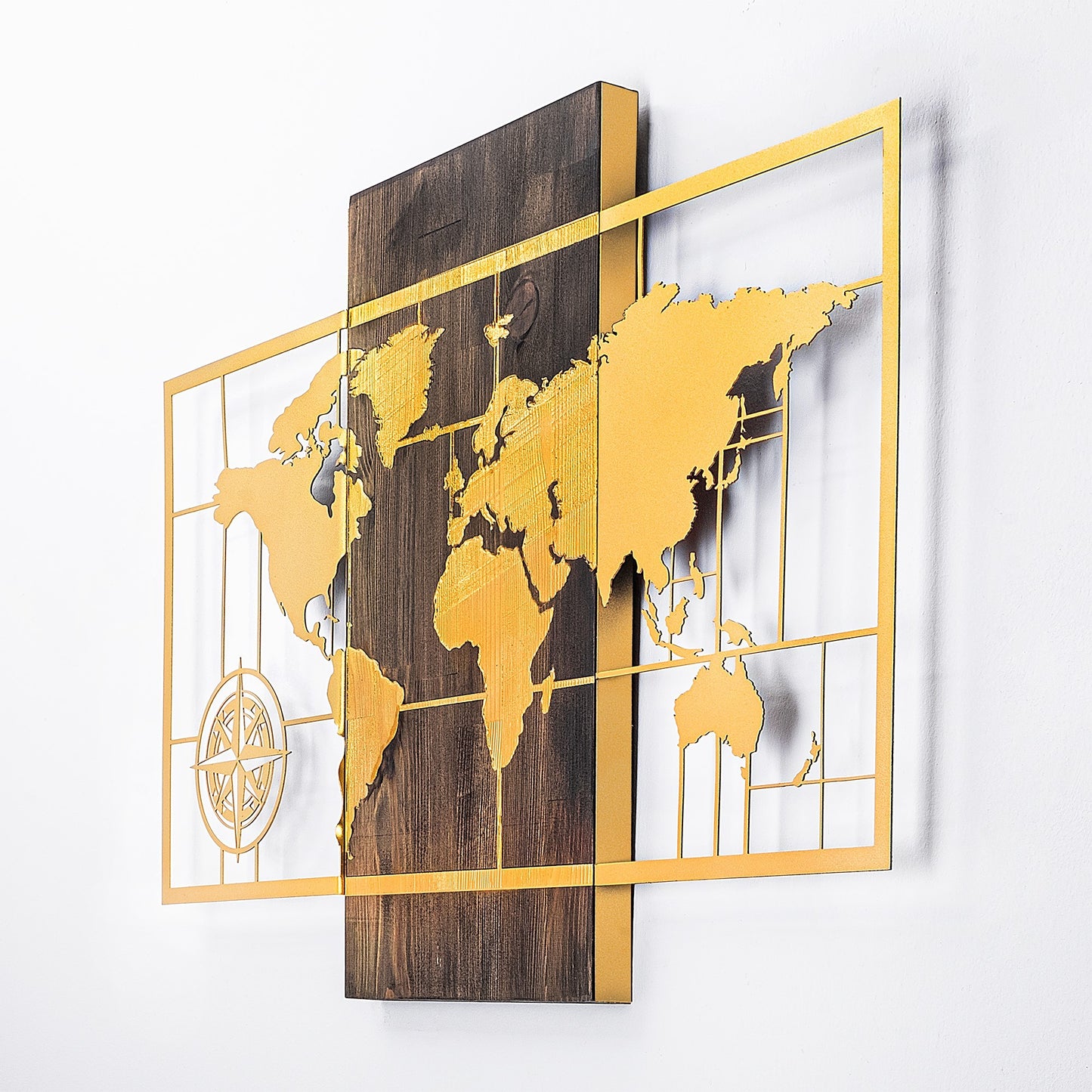 Drvena zidna dekoracija, World Map Wıth Compass - Gold