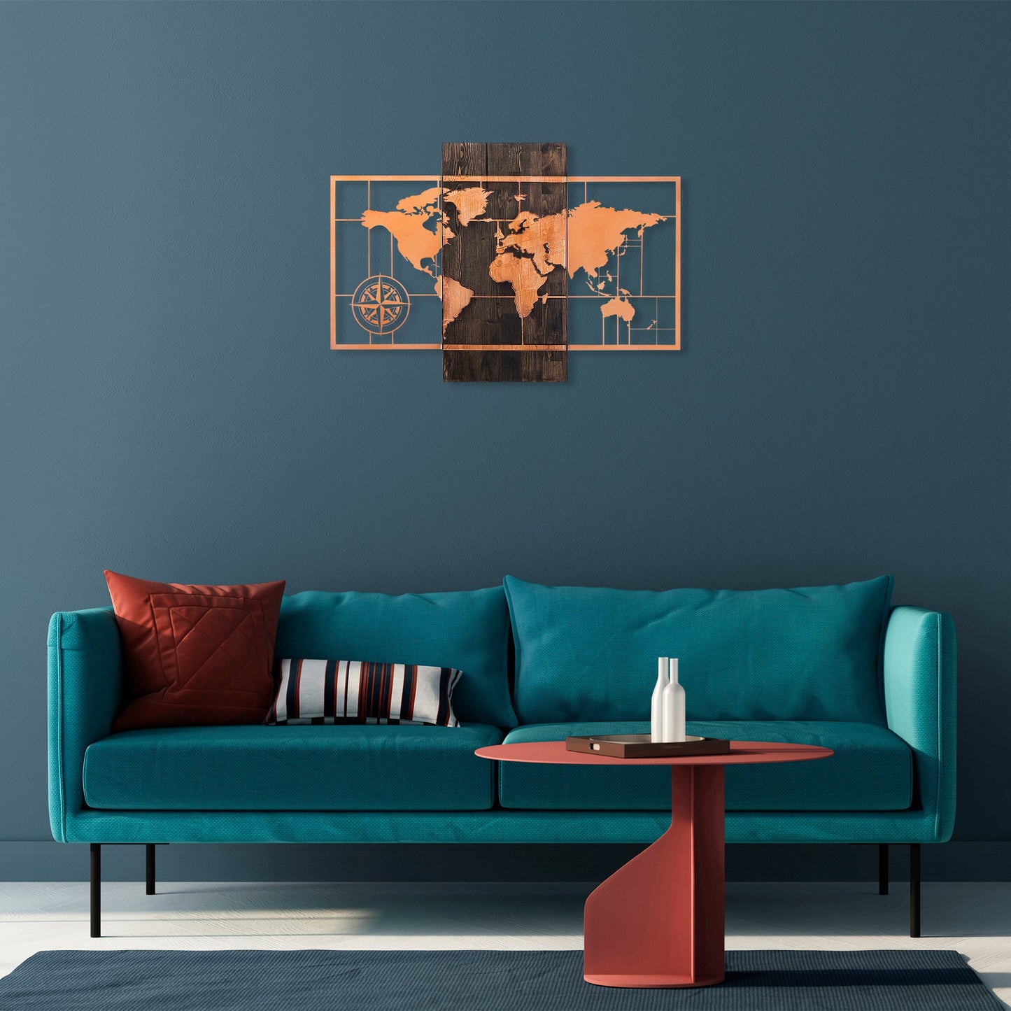 Drvena zidna dekoracija, World Map Wıth Compass - Copper