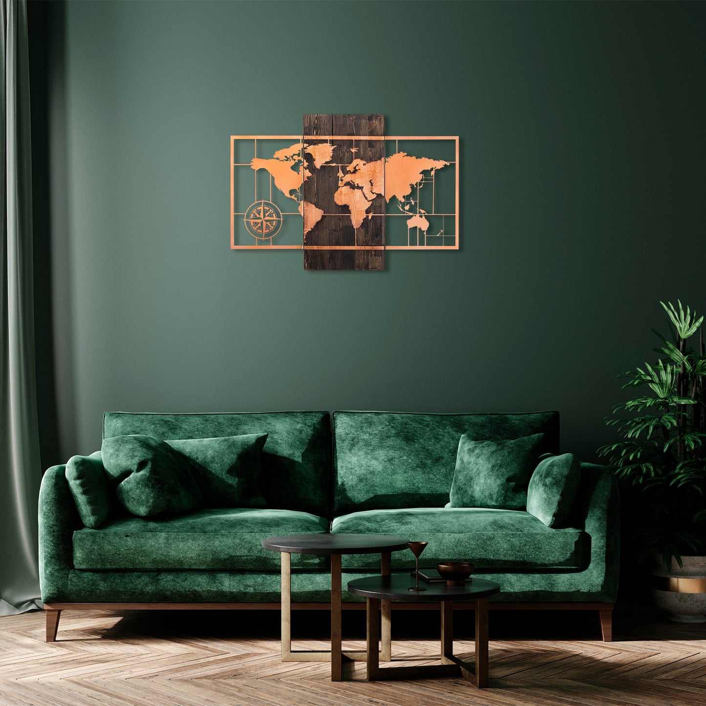 Drvena zidna dekoracija, World Map Wıth Compass - Copper