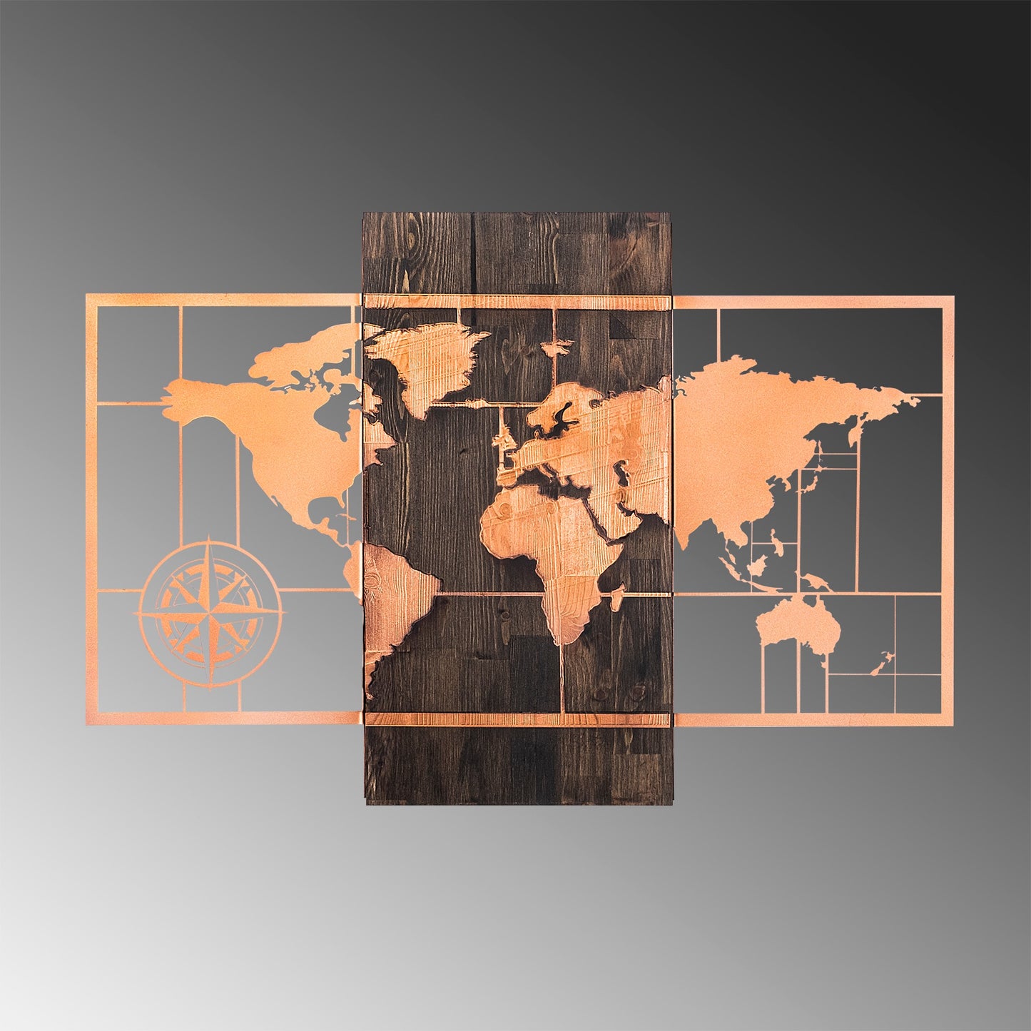Drvena zidna dekoracija, World Map Wıth Compass - Copper