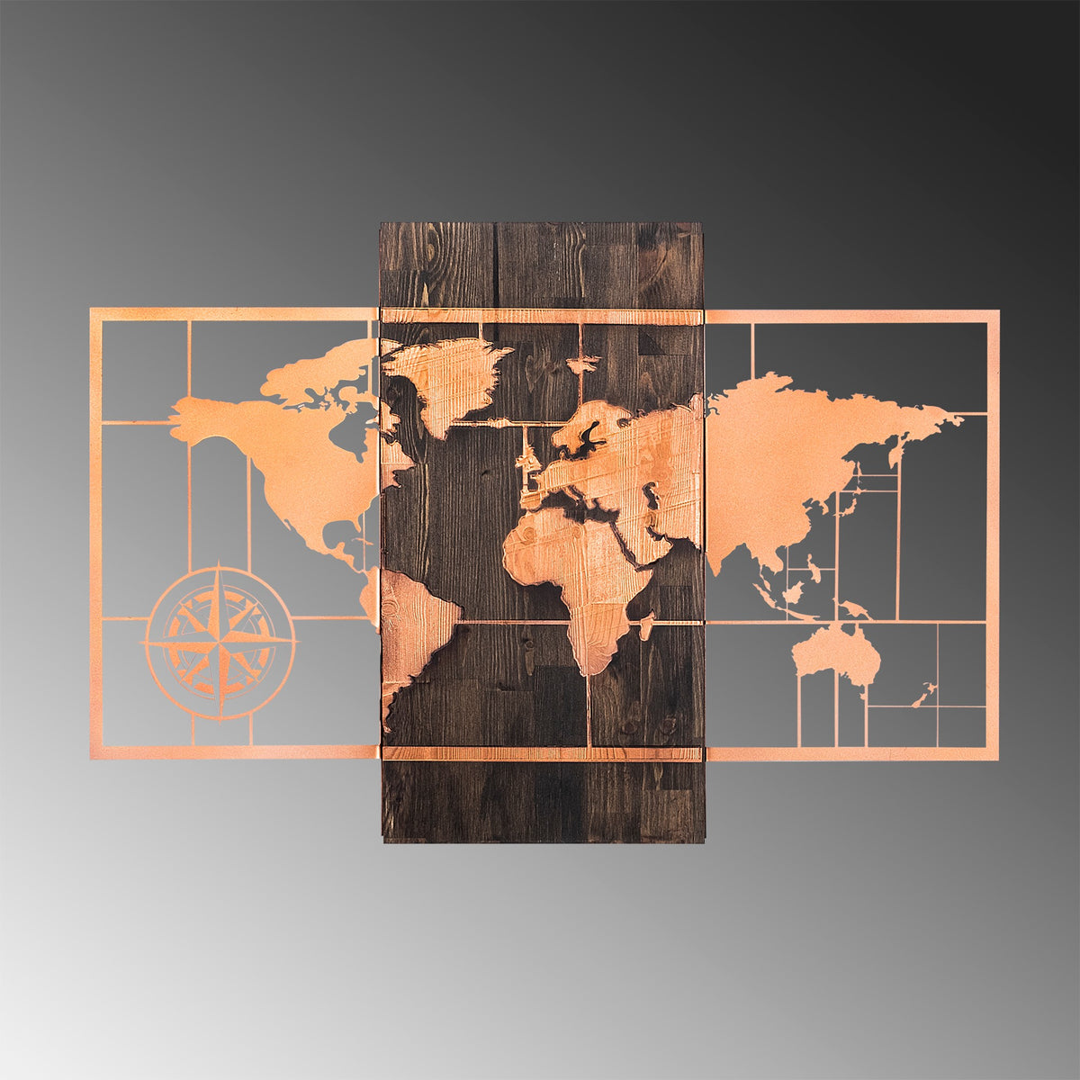 Drvena zidna dekoracija, World Map Wıth Compass - Copper