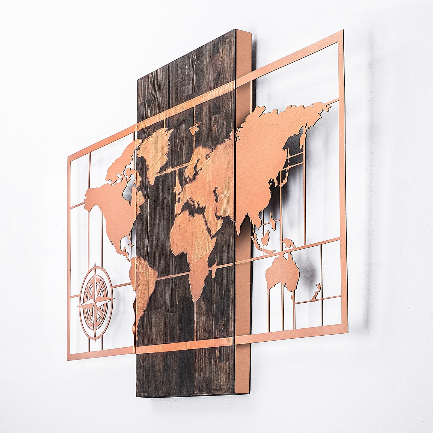 Drvena zidna dekoracija, World Map Wıth Compass - Copper
