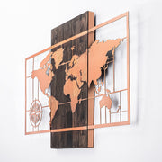 Drvena zidna dekoracija, World Map Wıth Compass - Copper