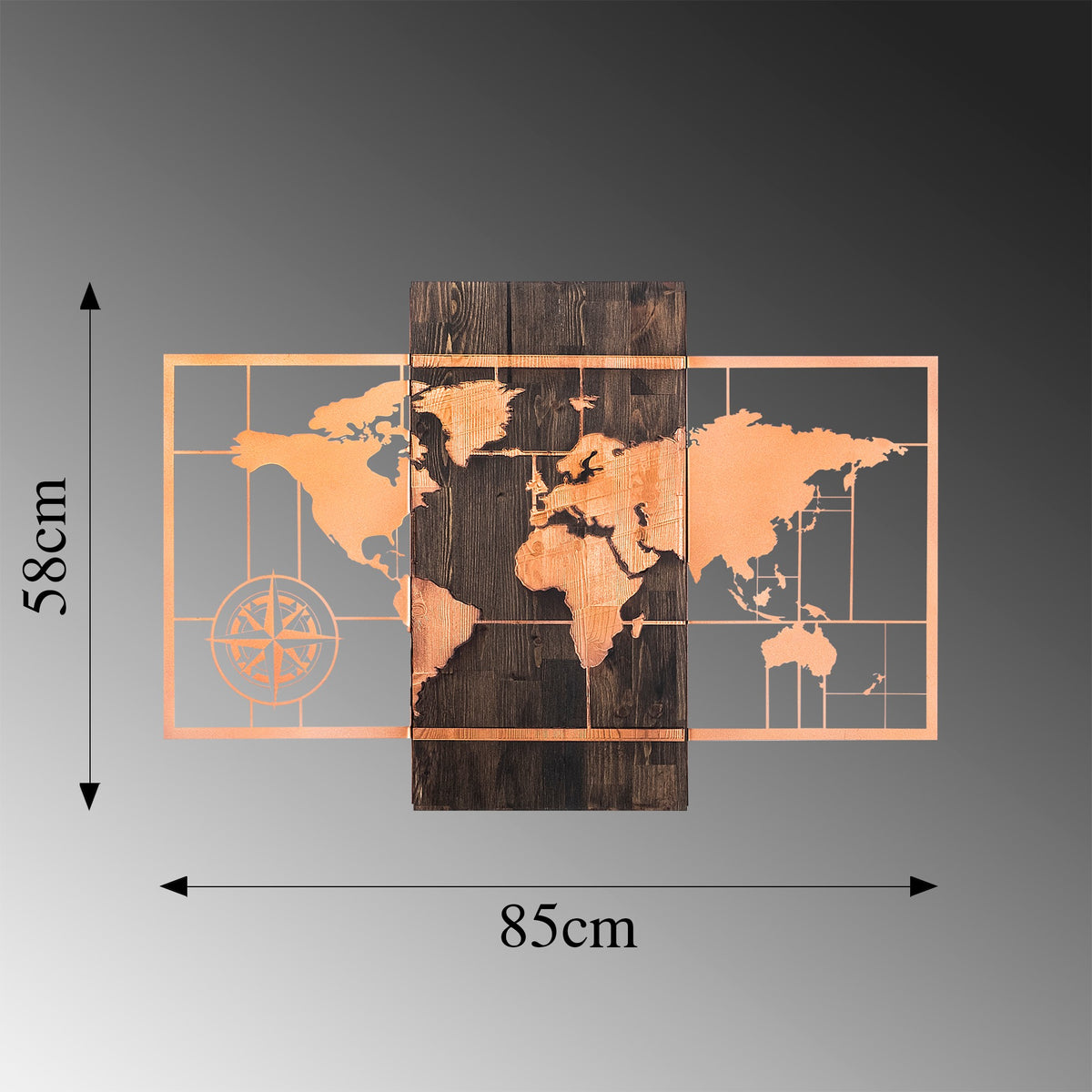 Drvena zidna dekoracija, World Map Wıth Compass - Copper