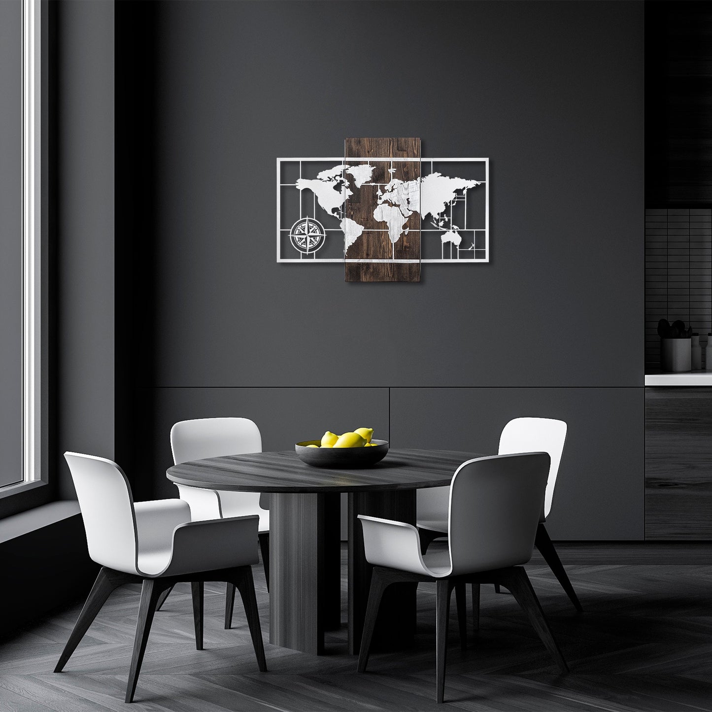Drvena zidna dekoracija, World Map Wıth Compass - Silver