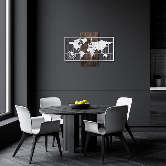 Drvena zidna dekoracija, World Map Wıth Compass - Silver