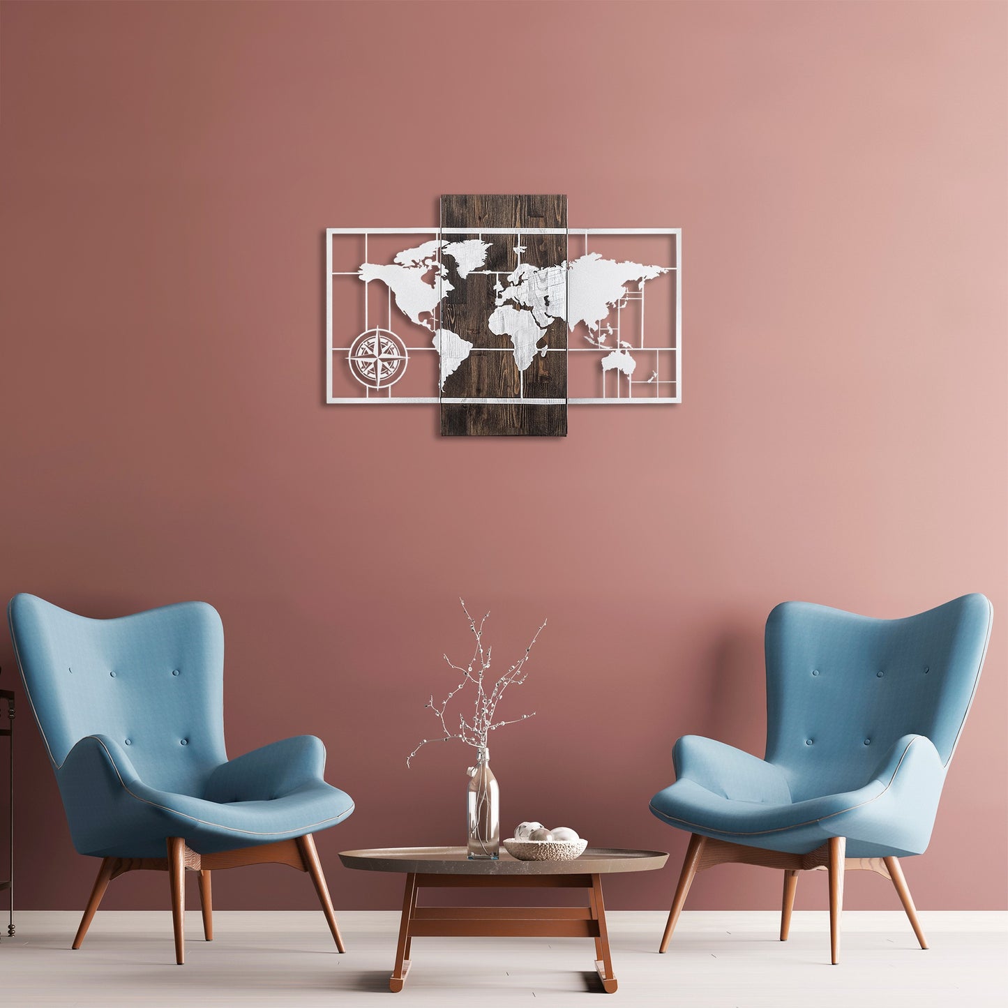 Drvena zidna dekoracija, World Map Wıth Compass - Silver