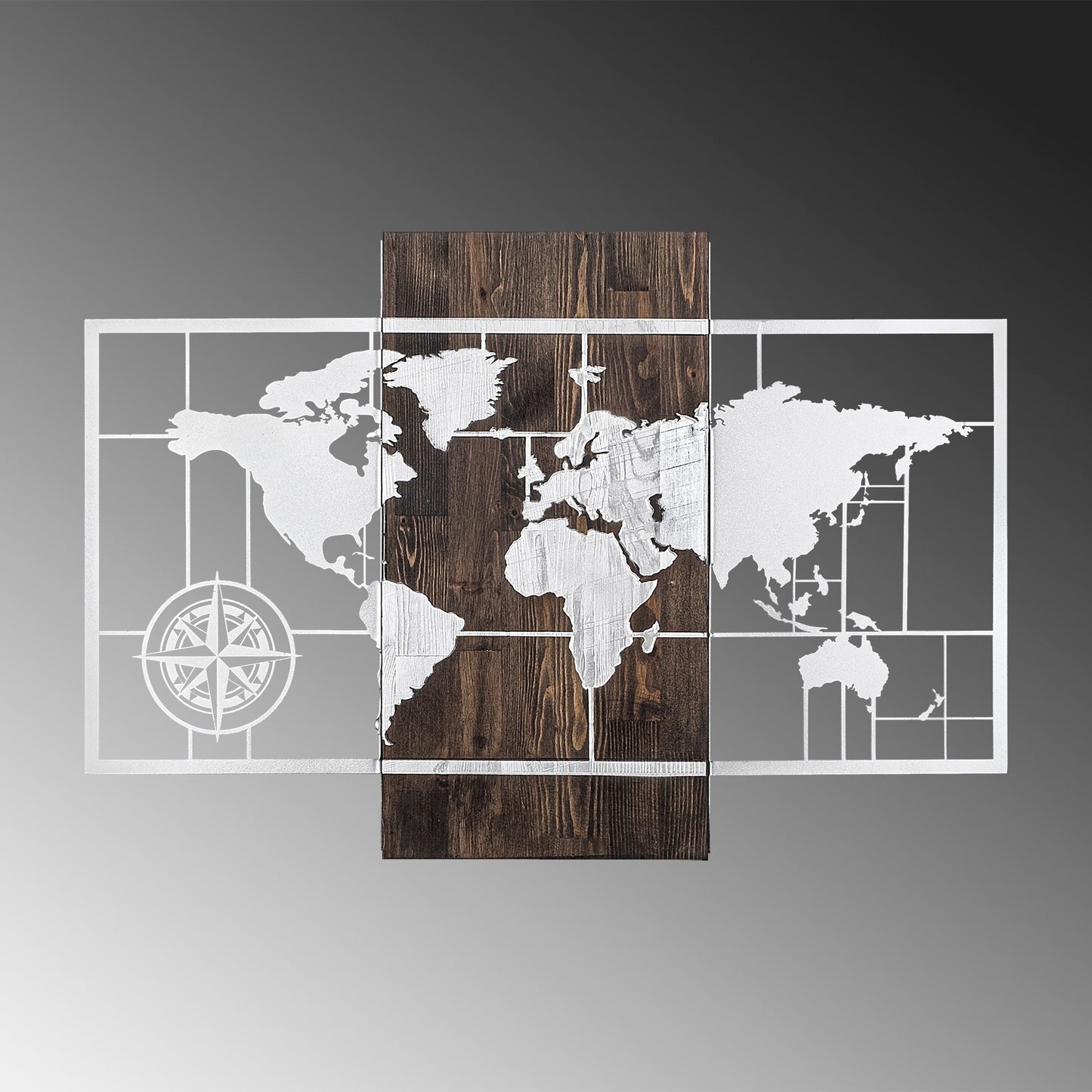 Drvena zidna dekoracija, World Map Wıth Compass - Silver