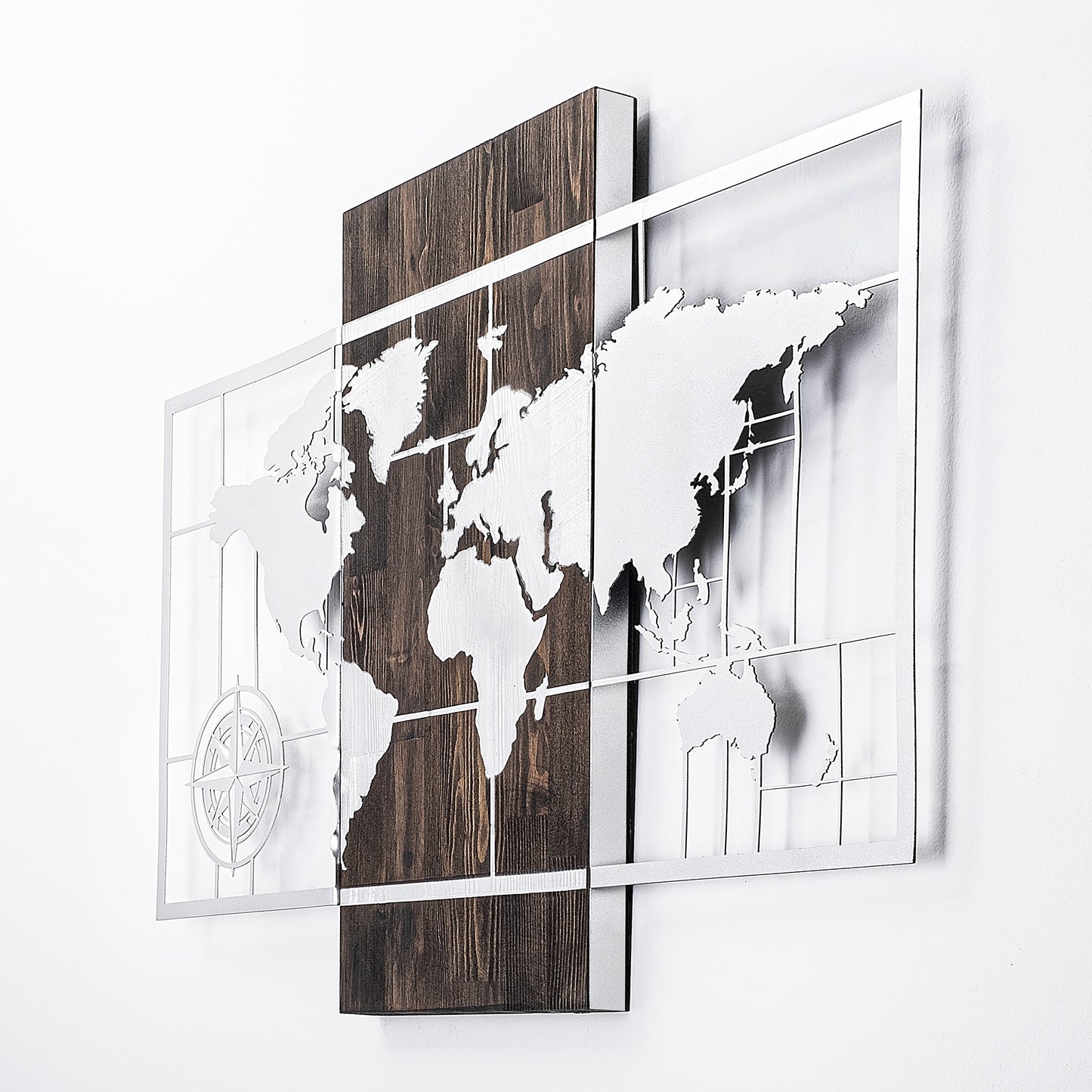 Drvena zidna dekoracija, World Map Wıth Compass - Silver