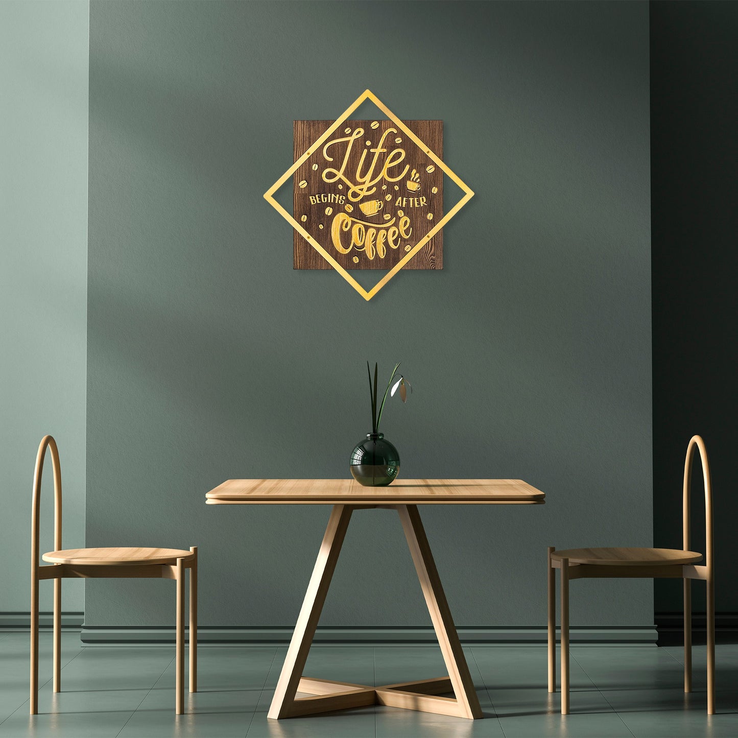 Drvena zidna dekoracija, Life Begins After Coffee - Gold