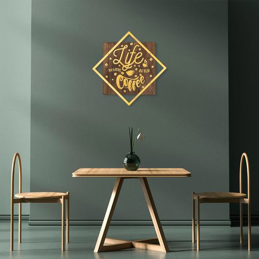 Drvena zidna dekoracija, Life Begins After Coffee - Gold