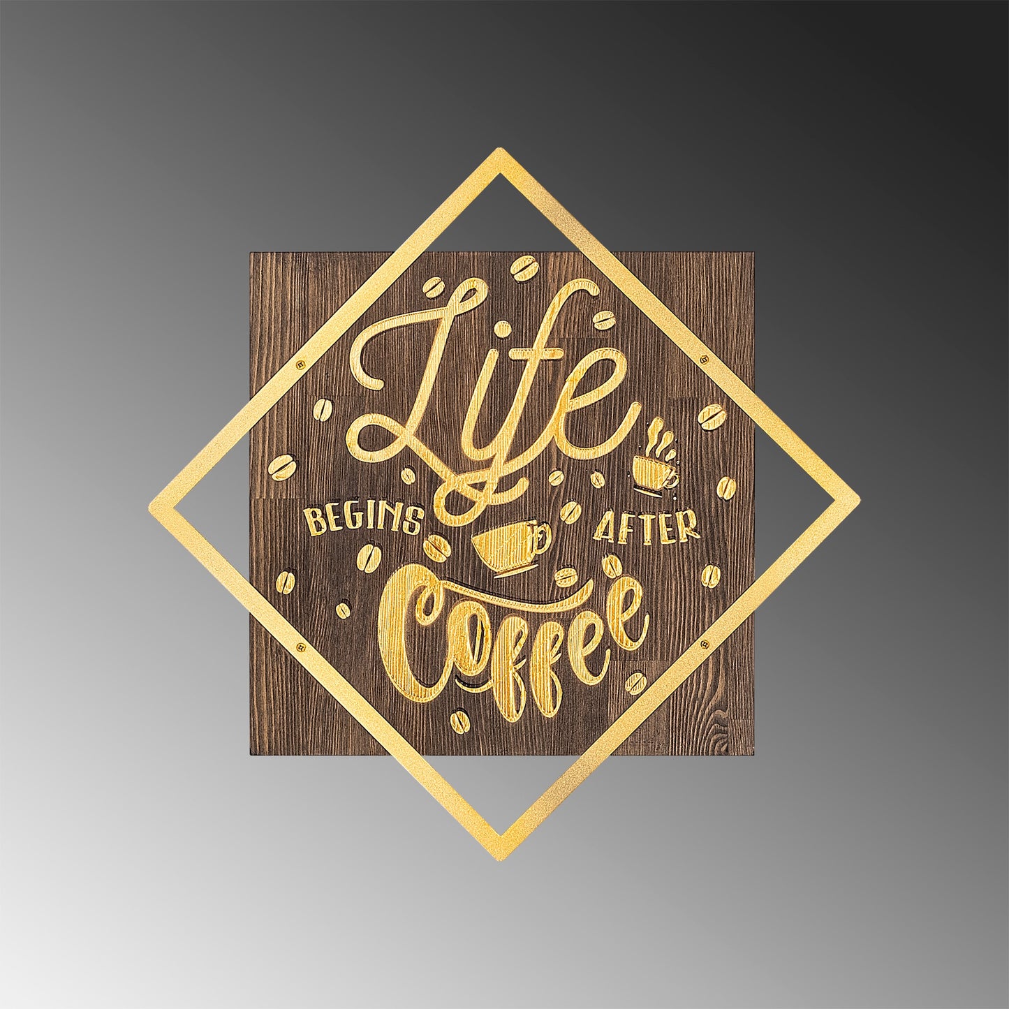 Drvena zidna dekoracija, Life Begins After Coffee - Gold