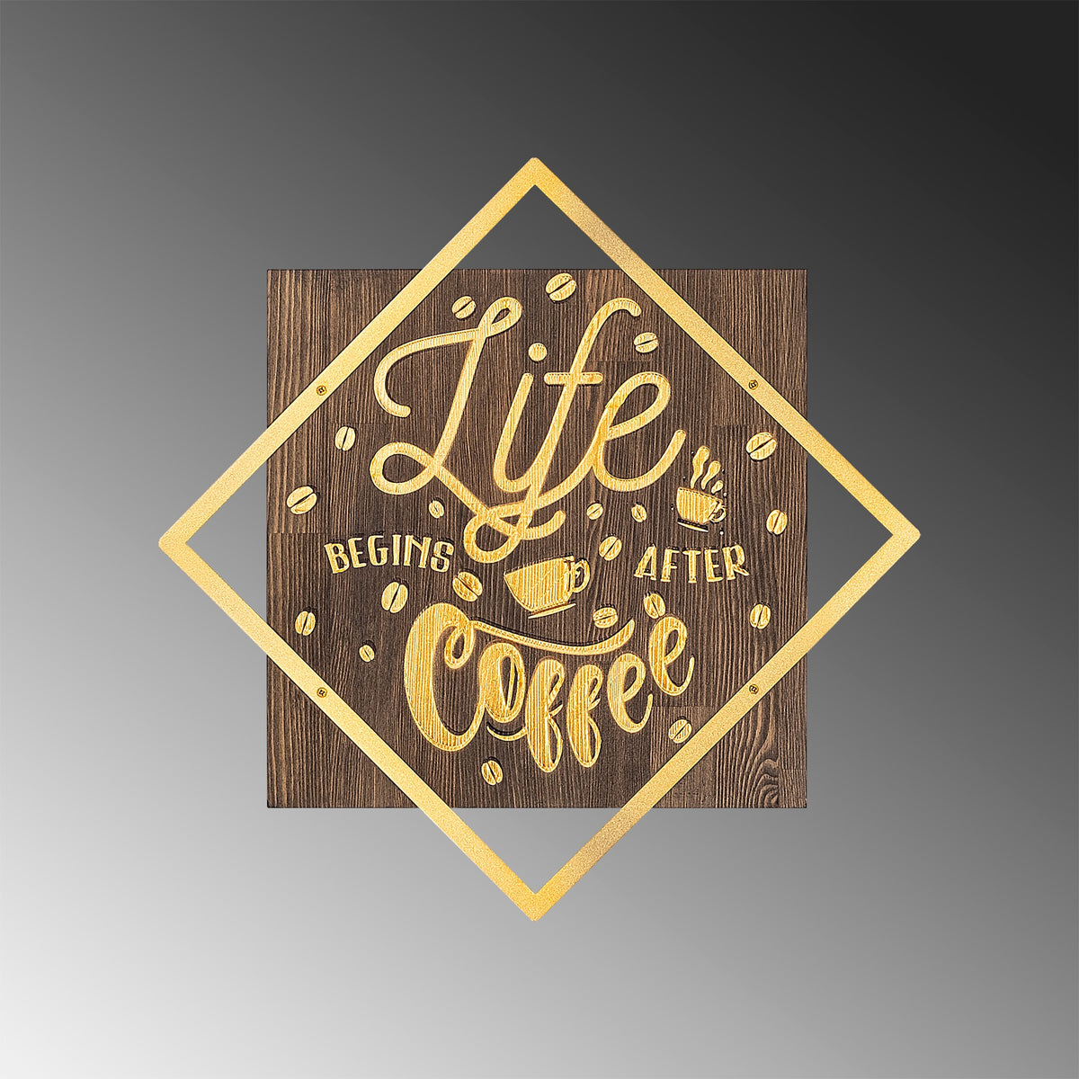 Drvena zidna dekoracija, Life Begins After Coffee - Gold