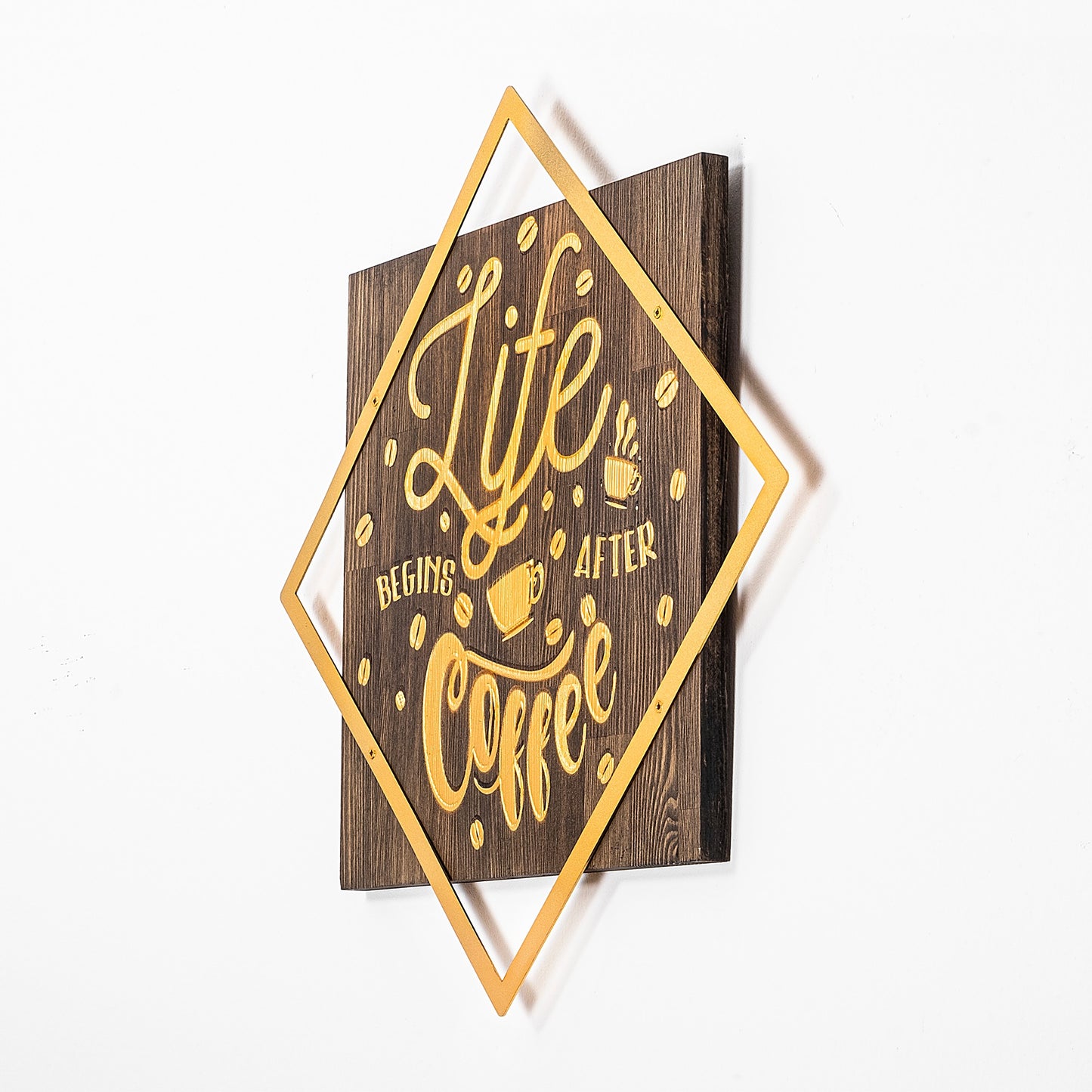 Drvena zidna dekoracija, Life Begins After Coffee - Gold