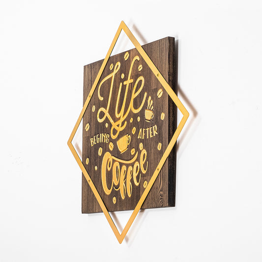 Drvena zidna dekoracija, Life Begins After Coffee - Gold