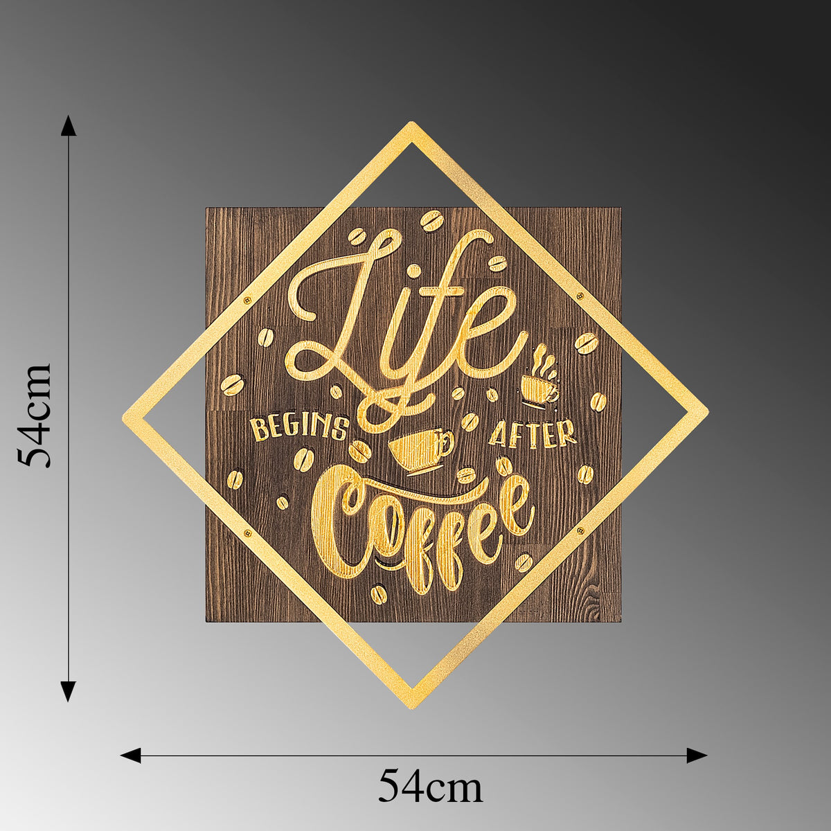 Drvena zidna dekoracija, Life Begins After Coffee - Gold