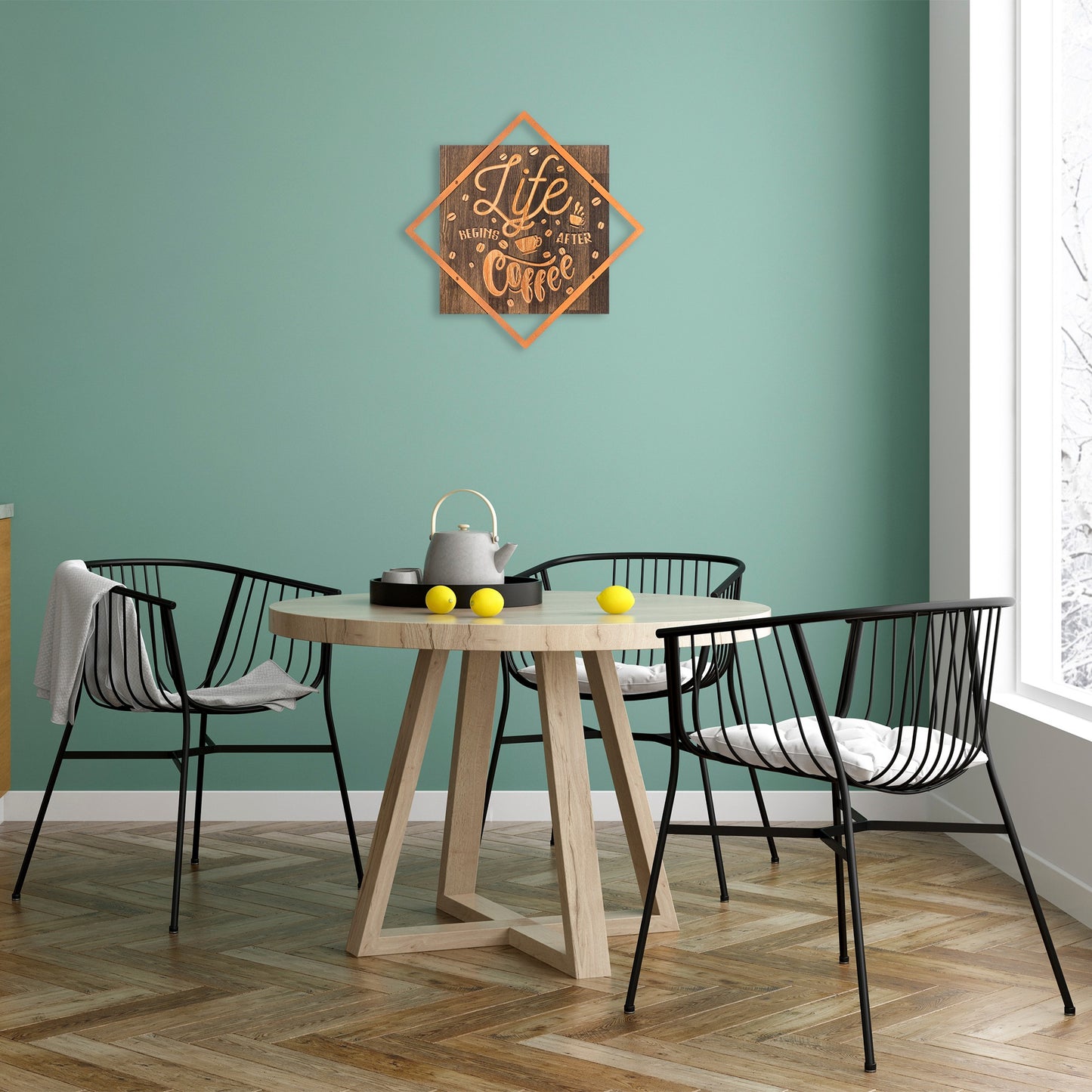 Drvena zidna dekoracija, Life Begins After Coffee - Copper