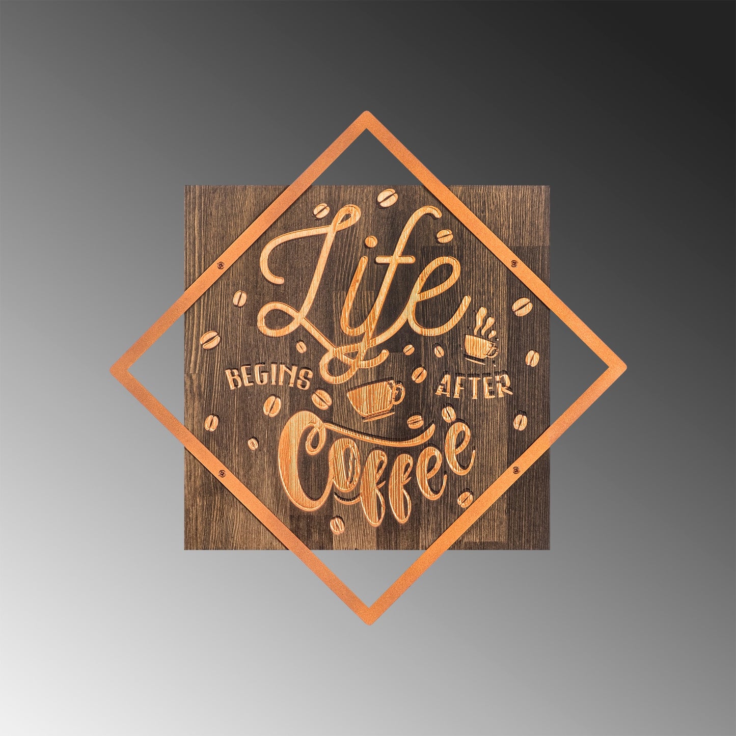 Drvena zidna dekoracija, Life Begins After Coffee - Copper