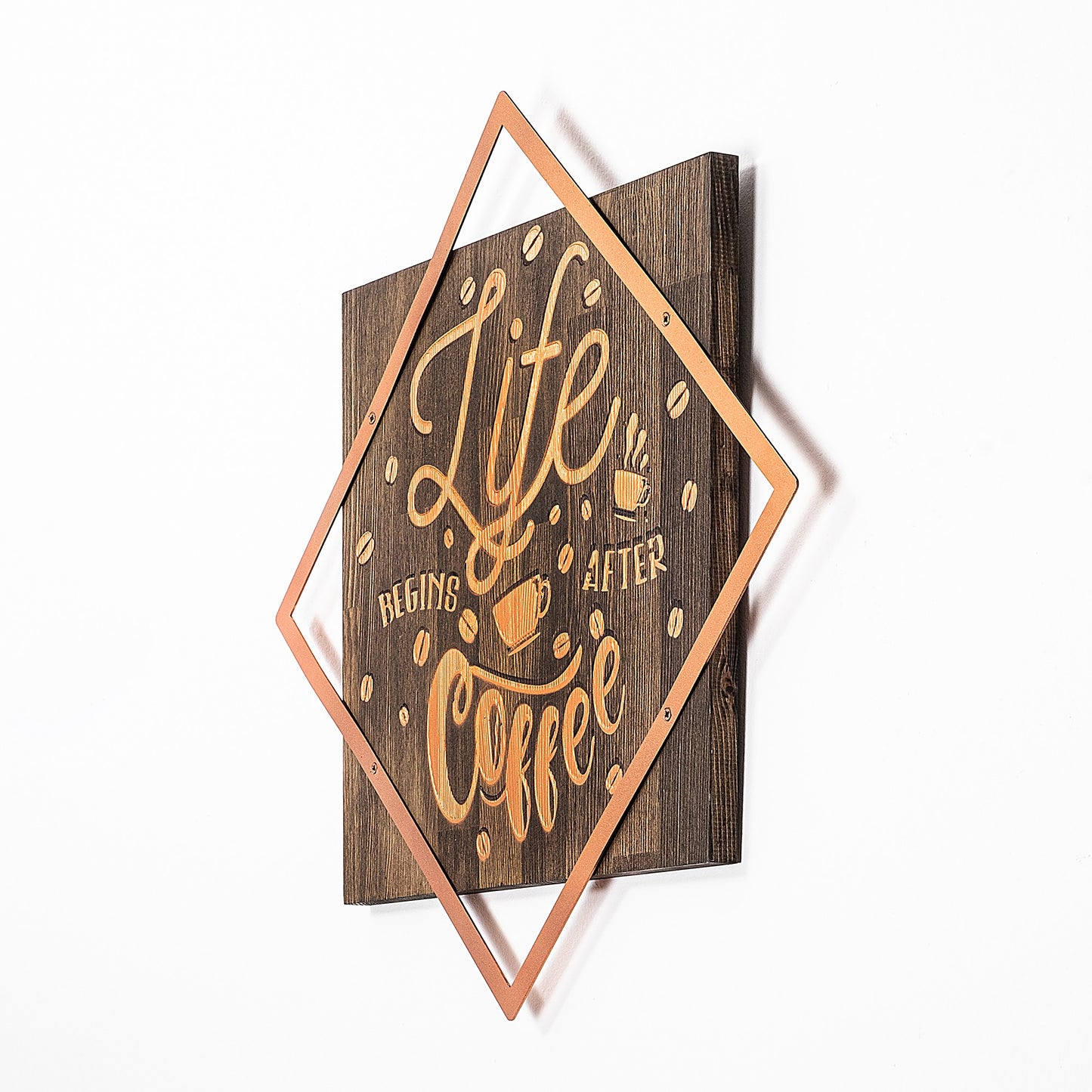 Drvena zidna dekoracija, Life Begins After Coffee - Copper