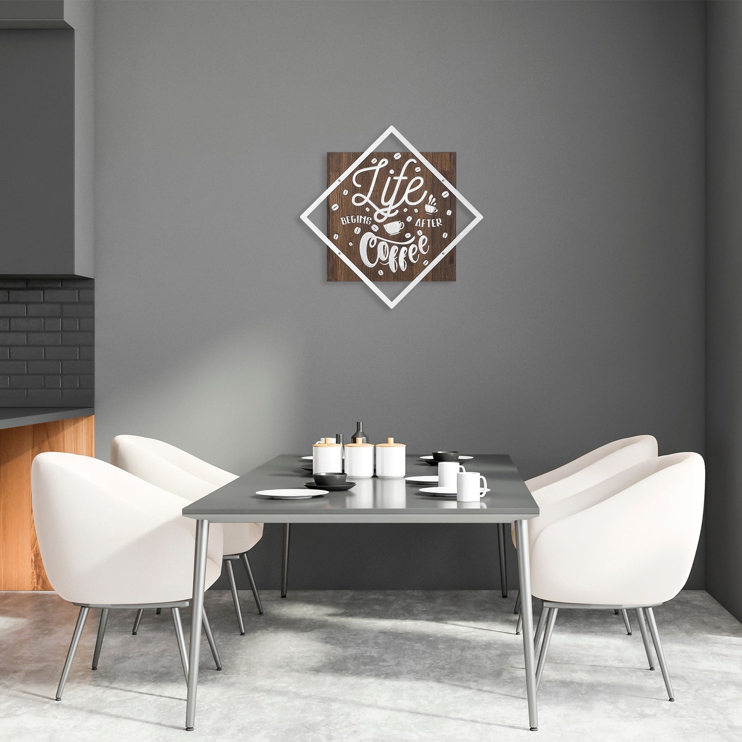 Drvena zidna dekoracija, Life Begins After Coffee - Silver