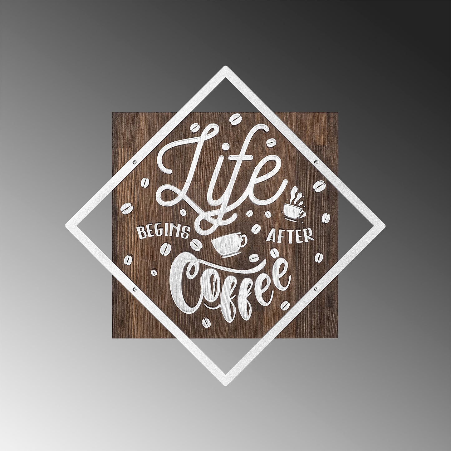 Drvena zidna dekoracija, Life Begins After Coffee - Silver