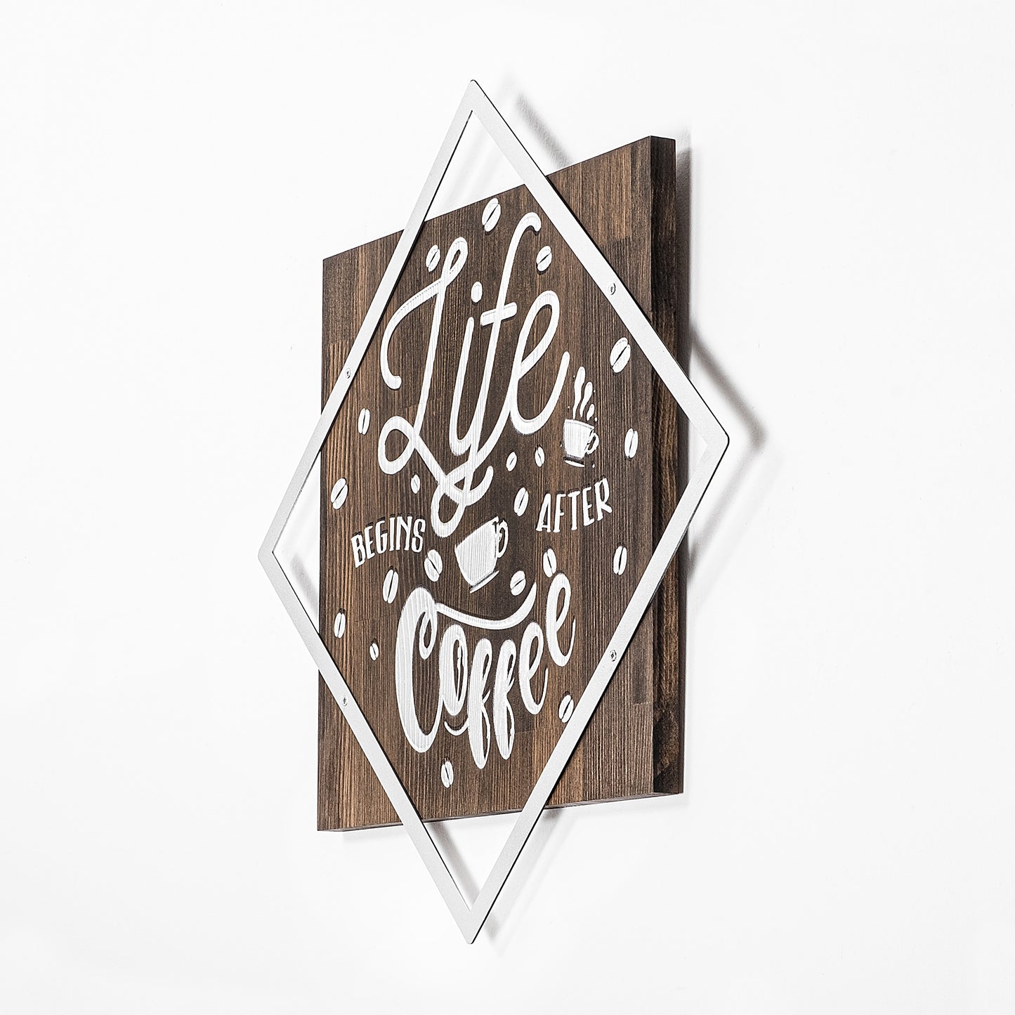 Drvena zidna dekoracija, Life Begins After Coffee - Silver